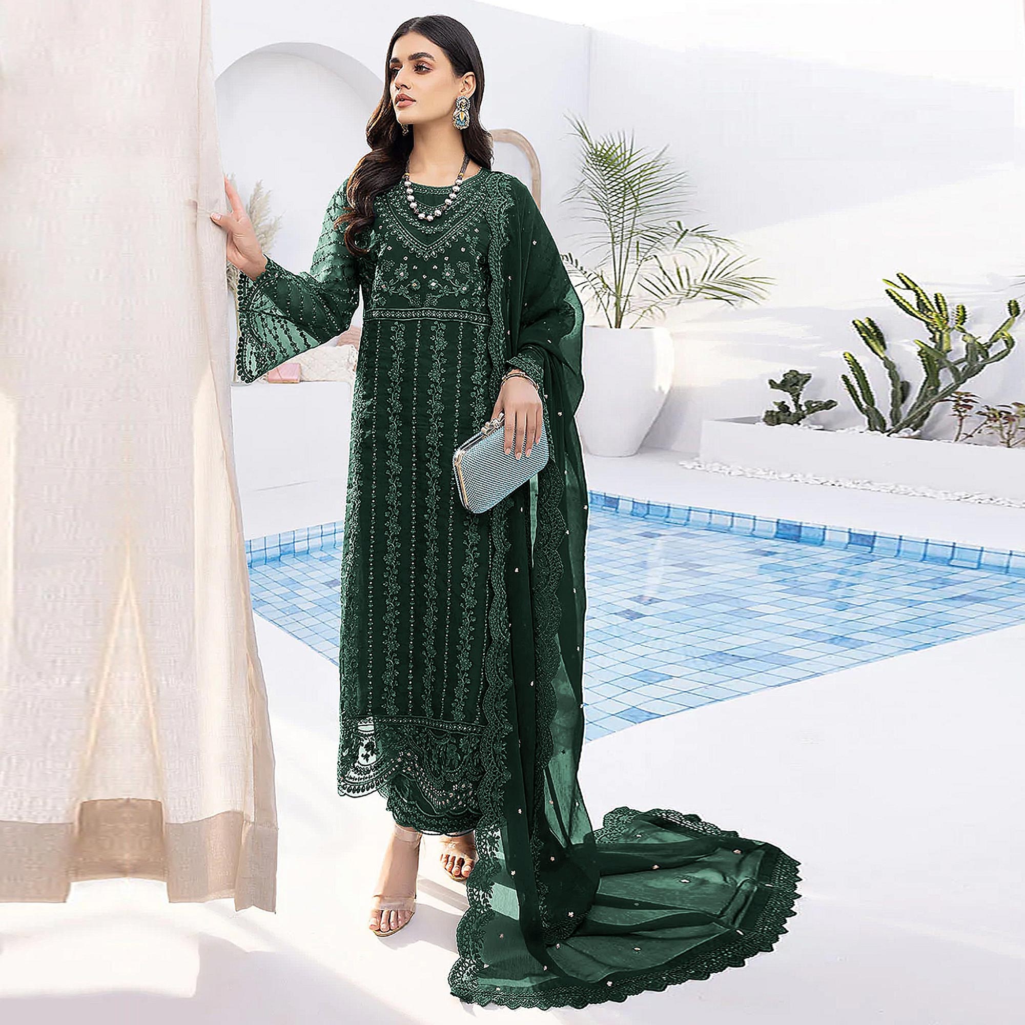 Bottle Green Floral Embroidered Organza Semi Stitched Suit