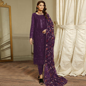 Purple Embroidered Georgette Semi Stitched Pakistani Suit