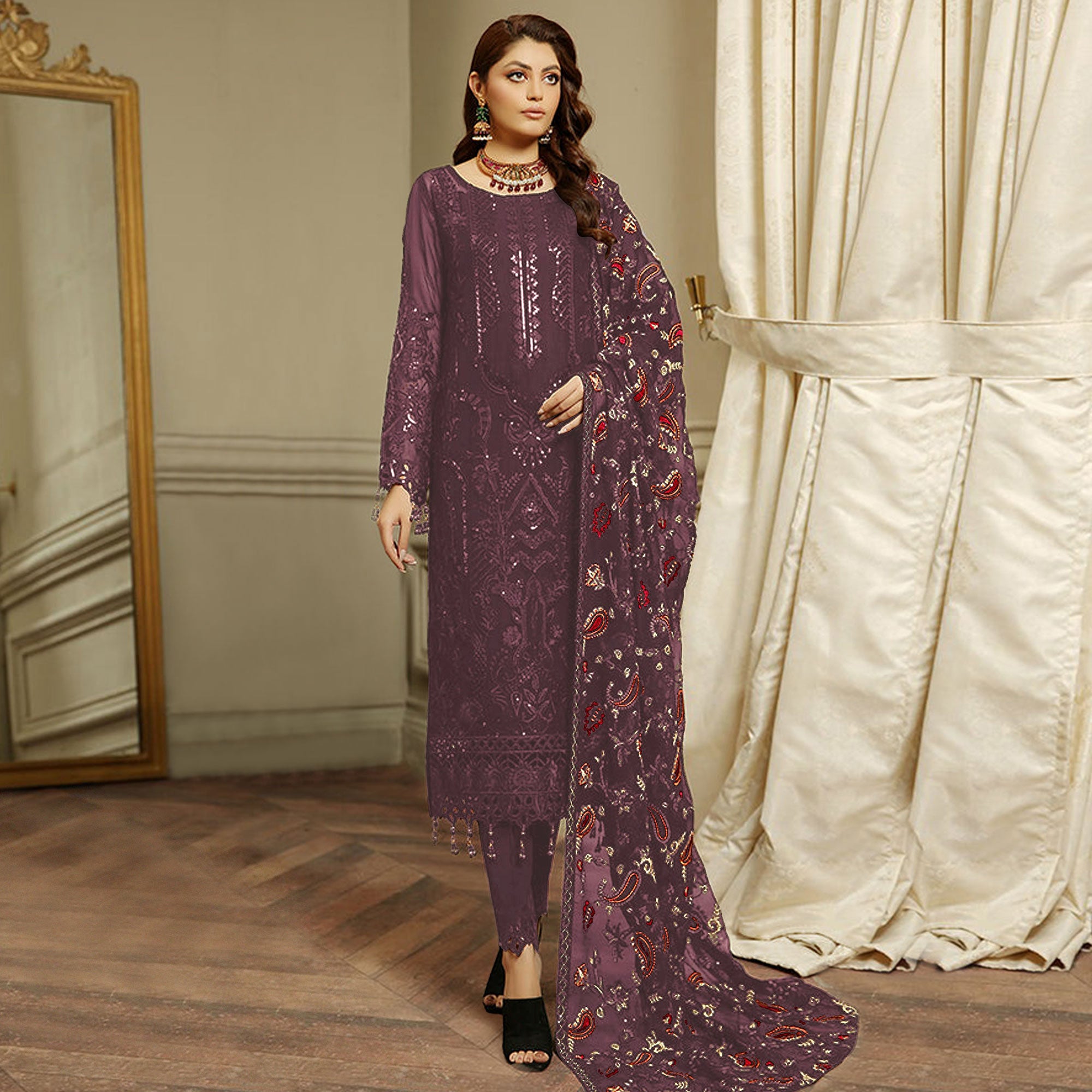 Wine Embroidered Georgette Semi Stitched Pakistani Suit