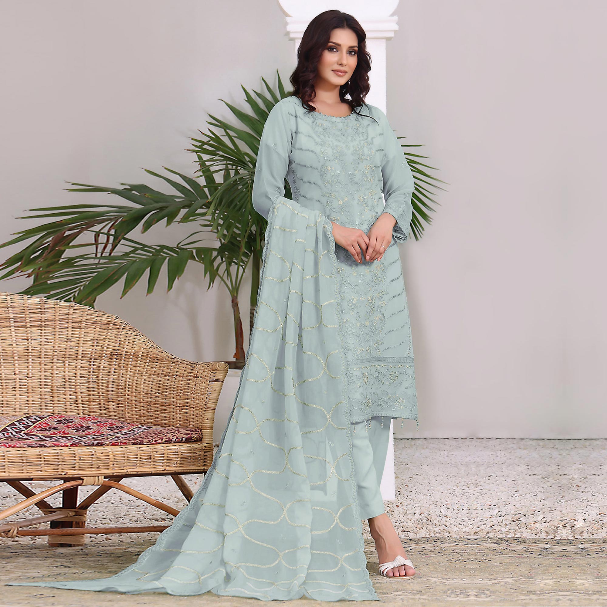 Sky Blue Embroidered Georgette Pakistani Semi Stitched Dress Material