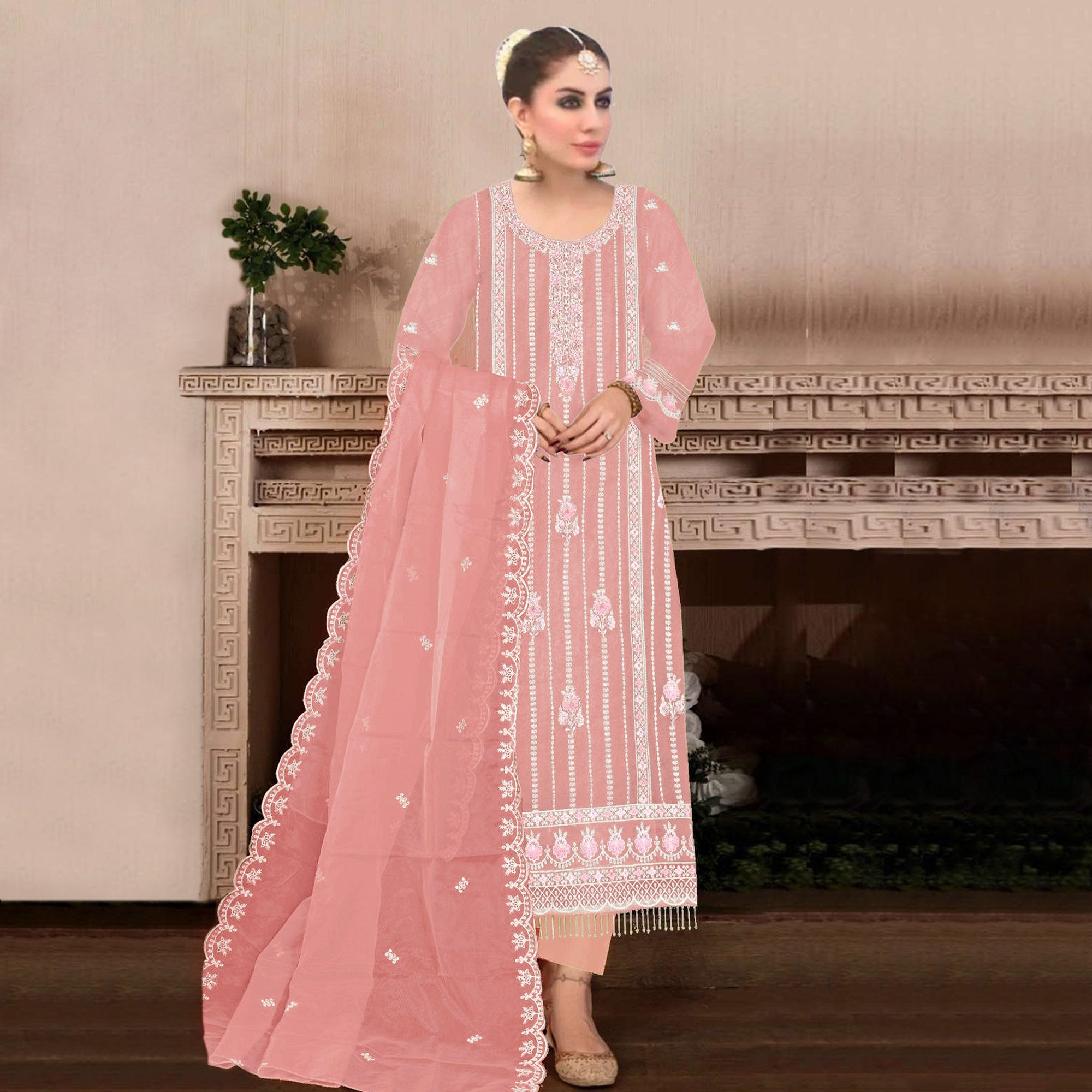 Peach Floral Hand Embroidered Georgette Semi Stitched Pakistani Suit