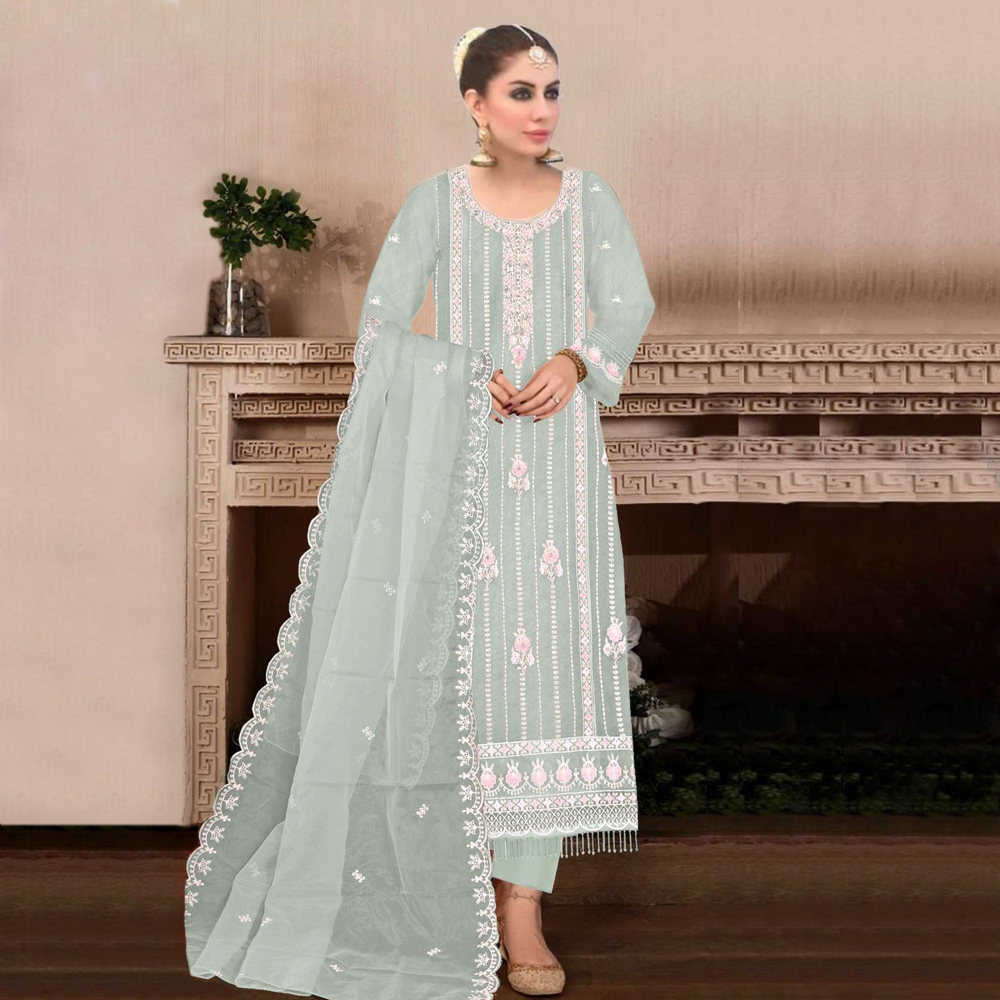 Sea Green Floral Hand Embroidered Georgette Semi Stitched Pakistani Suit