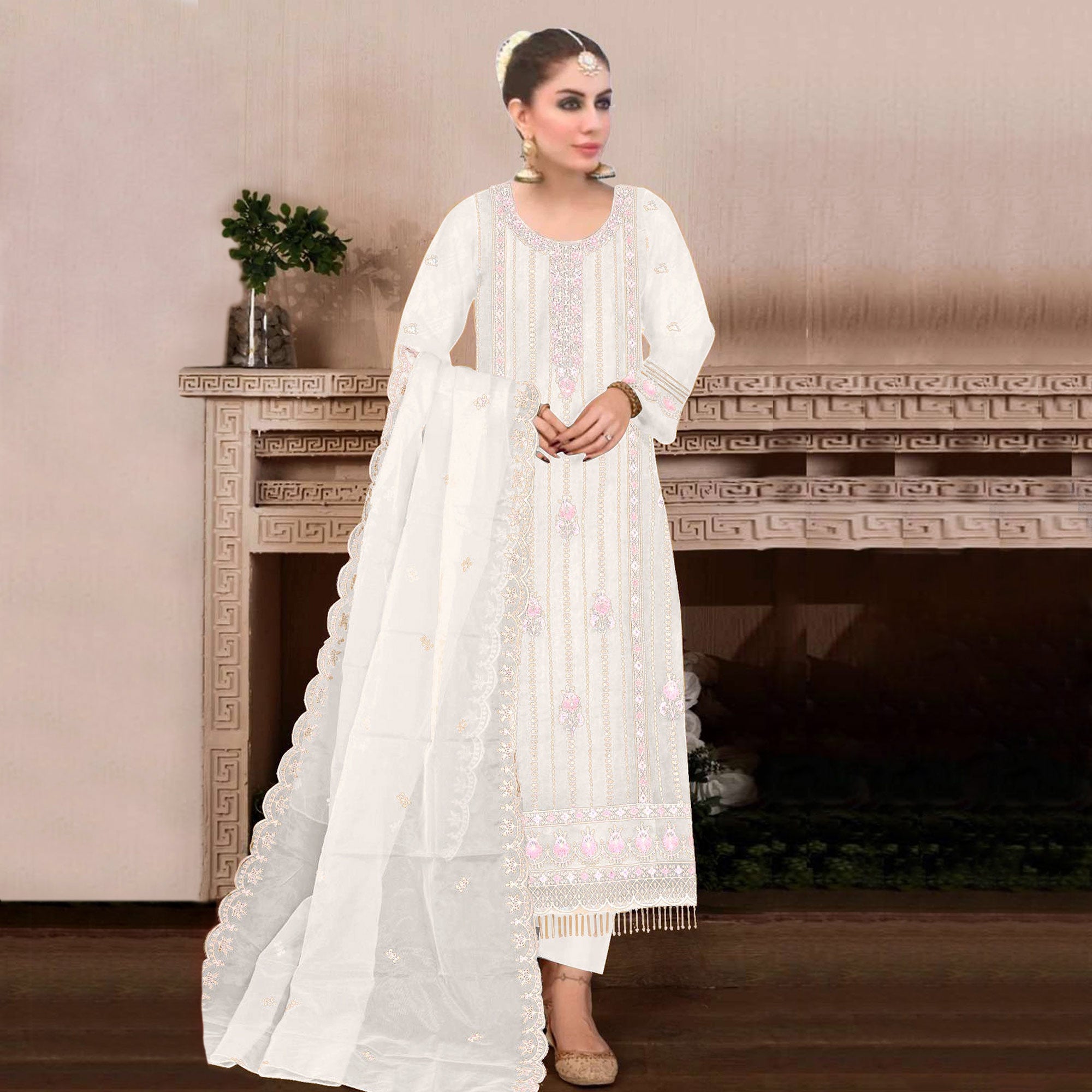 Cream Floral Hand Embroidered Georgette Semi Stitched Pakistani Suit