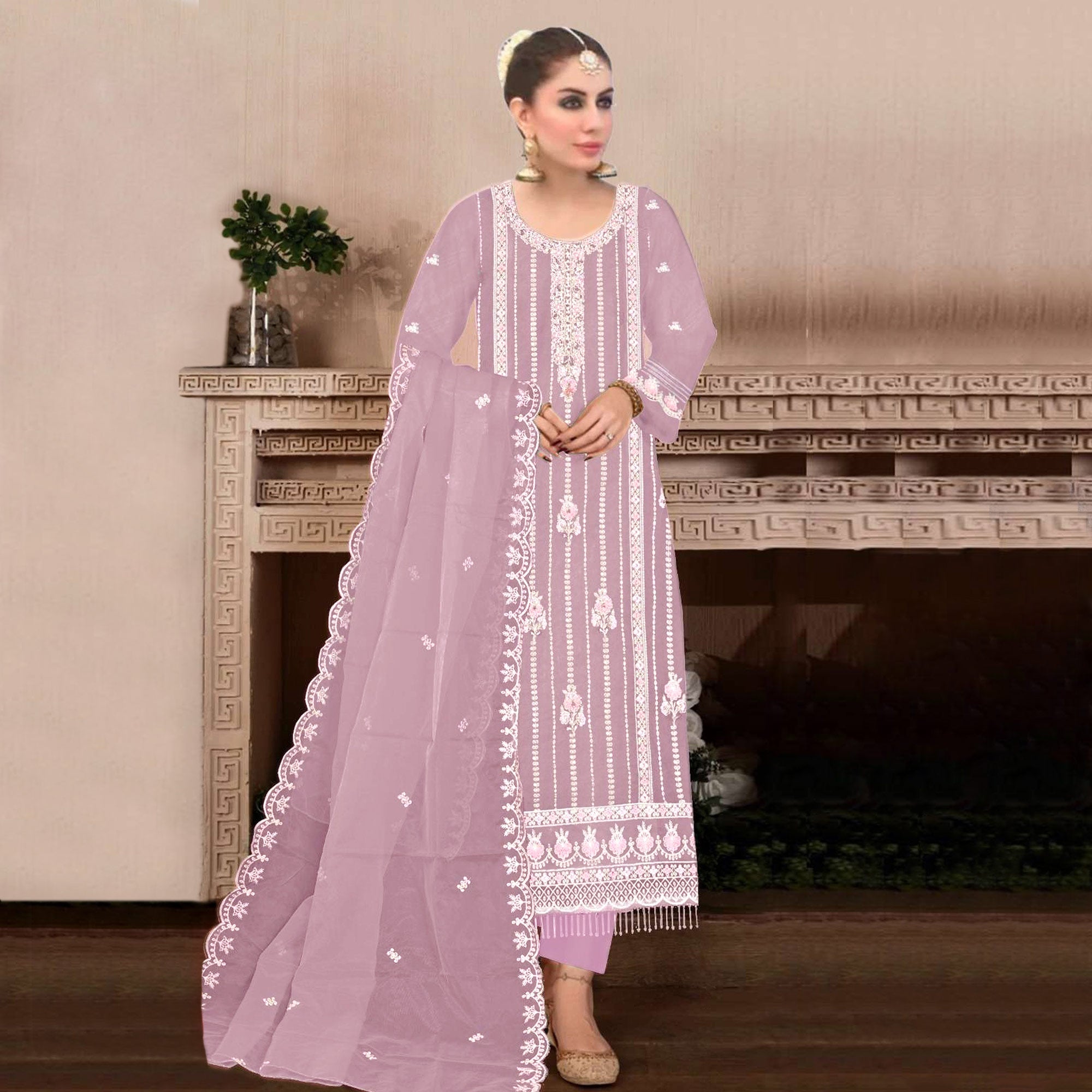 Light Purple Floral Hand Embroidered Georgette Semi Stitched Pakistani Suit