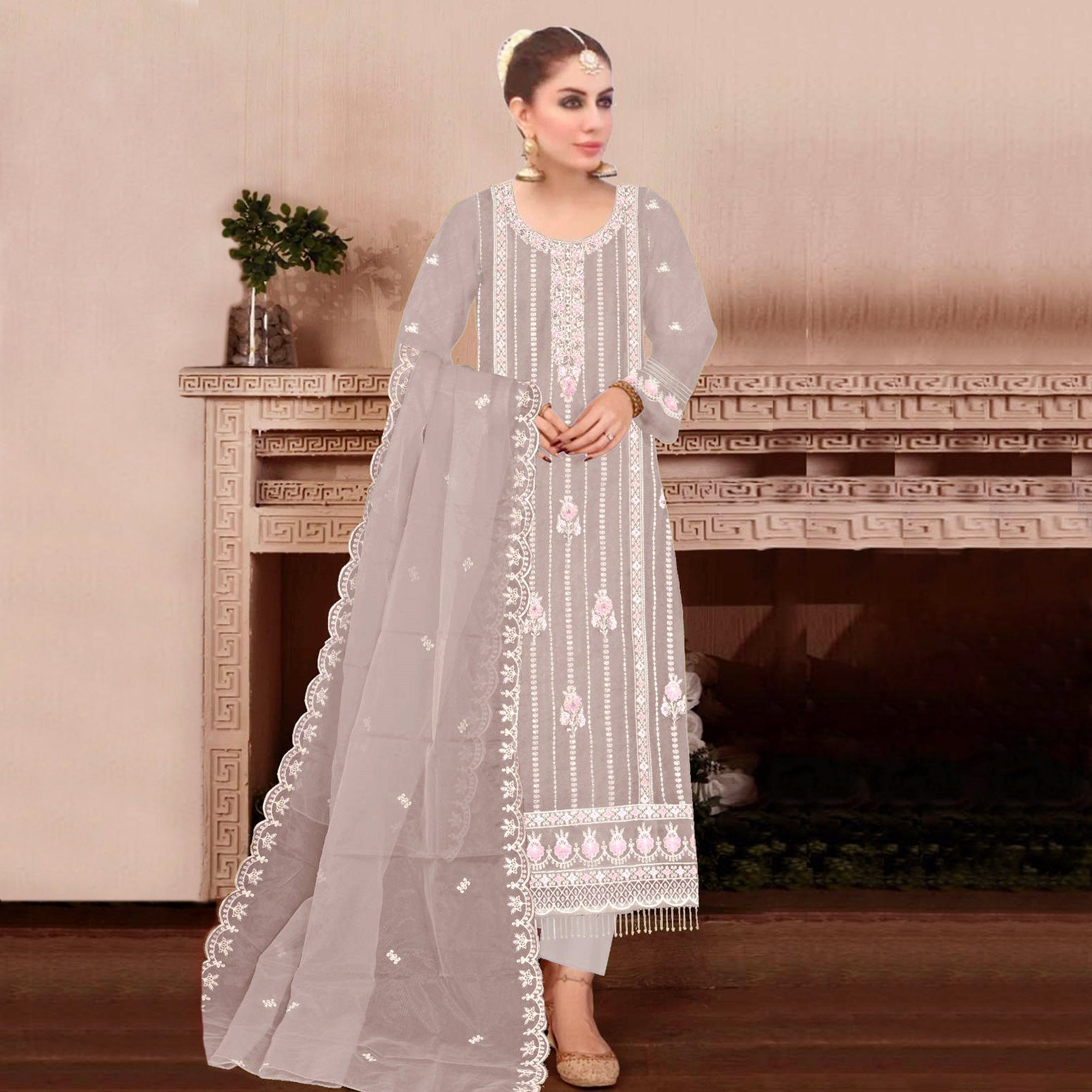 Beige Floral Hand Embroidered Georgette Semi Stitched Pakistani Suit