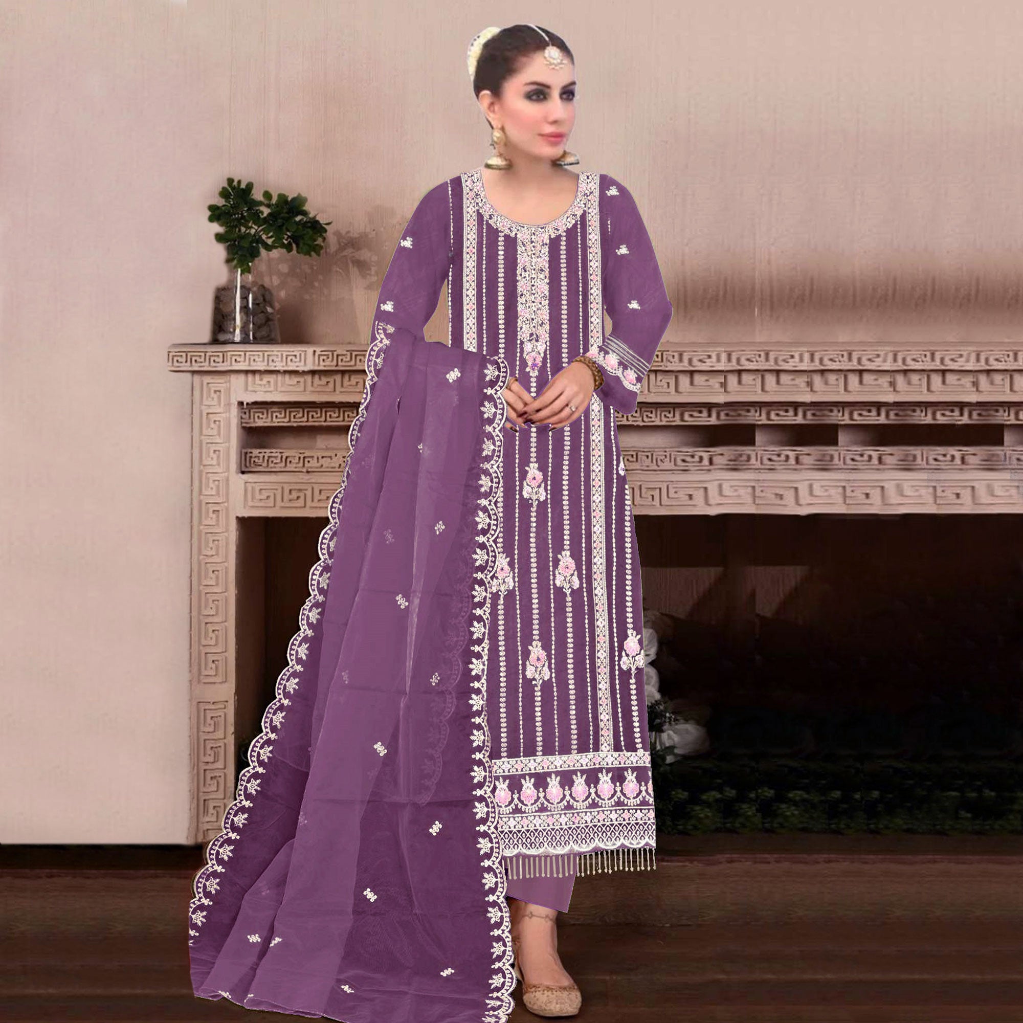 Purple Floral Hand Embroidered Georgette Semi Stitched Pakistani Suit