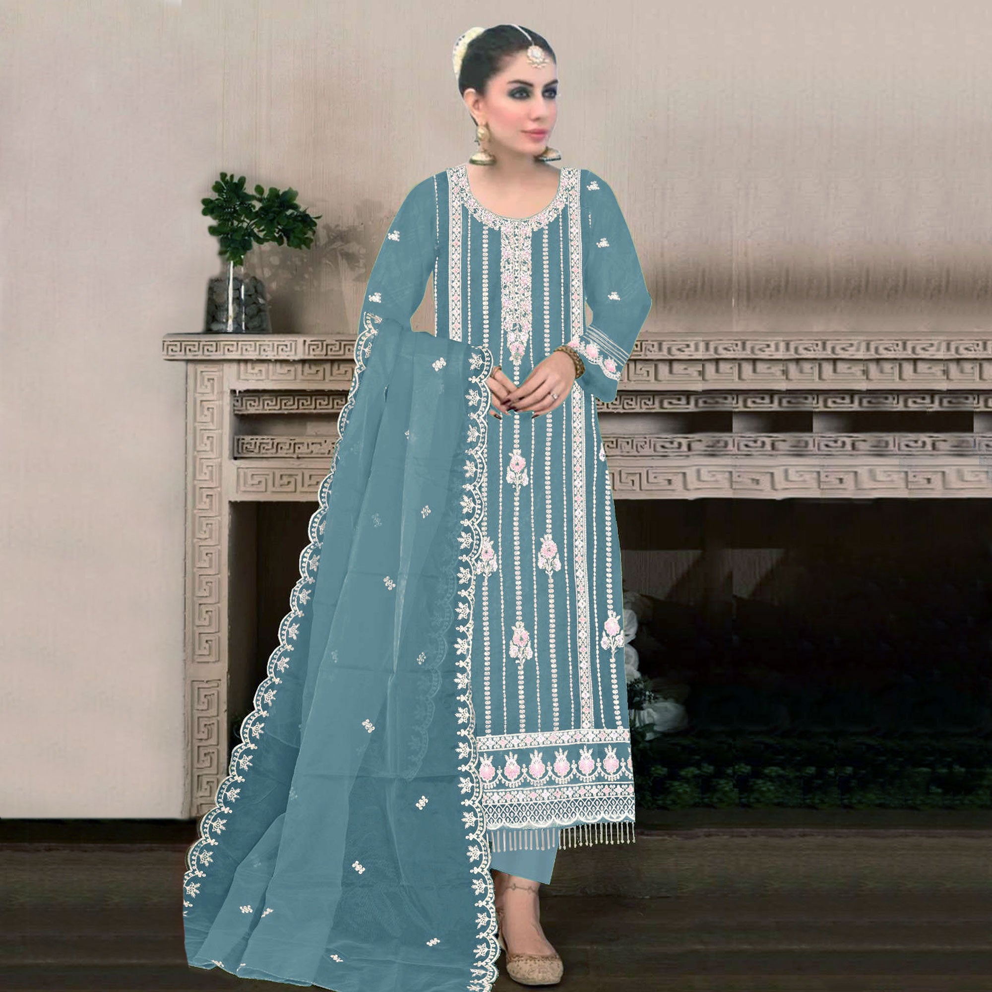 Blue Floral Hand Embroidered Georgette Semi Stitched Pakistani Suit