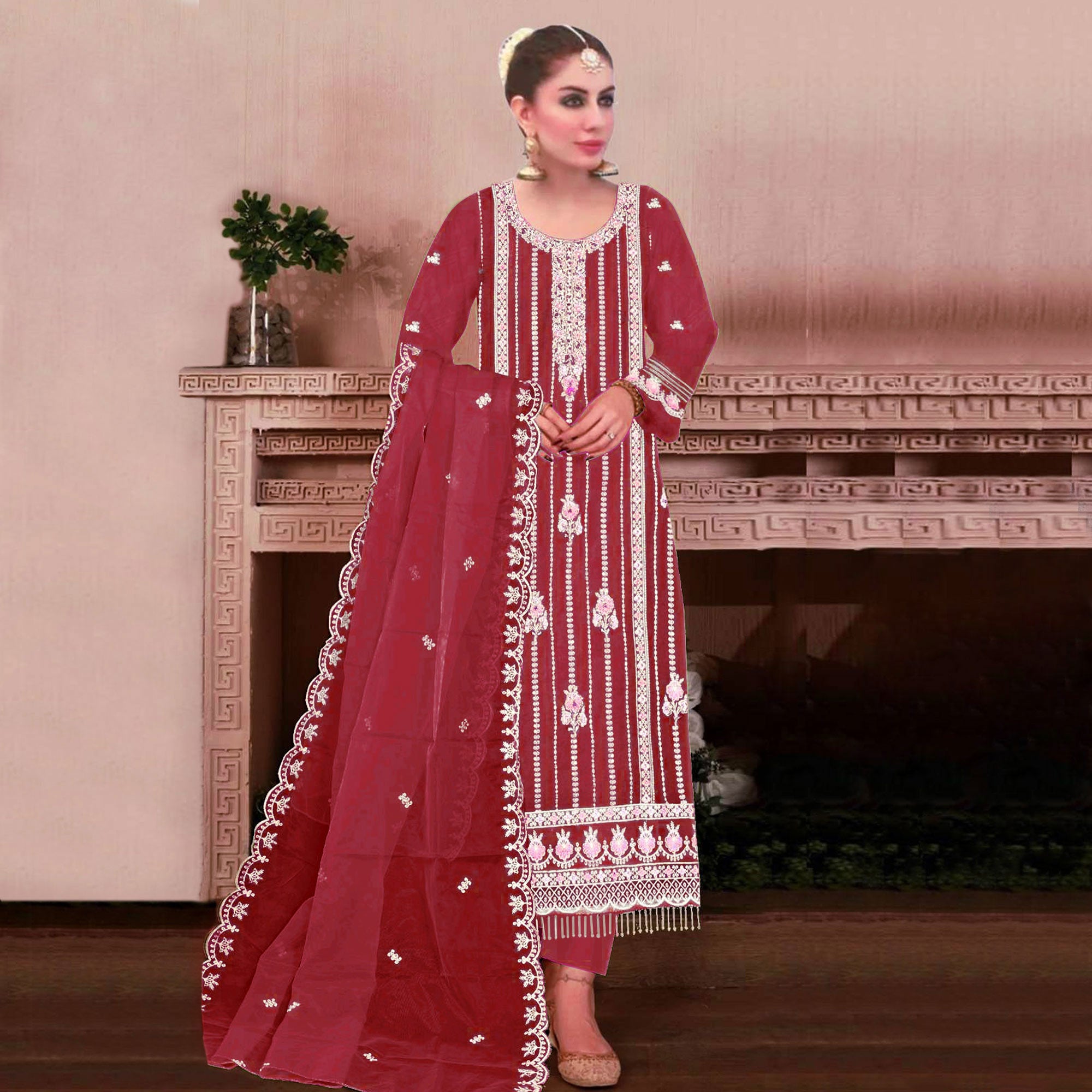 Maroon Floral Hand Embroidered Georgette Semi Stitched Pakistani Suit