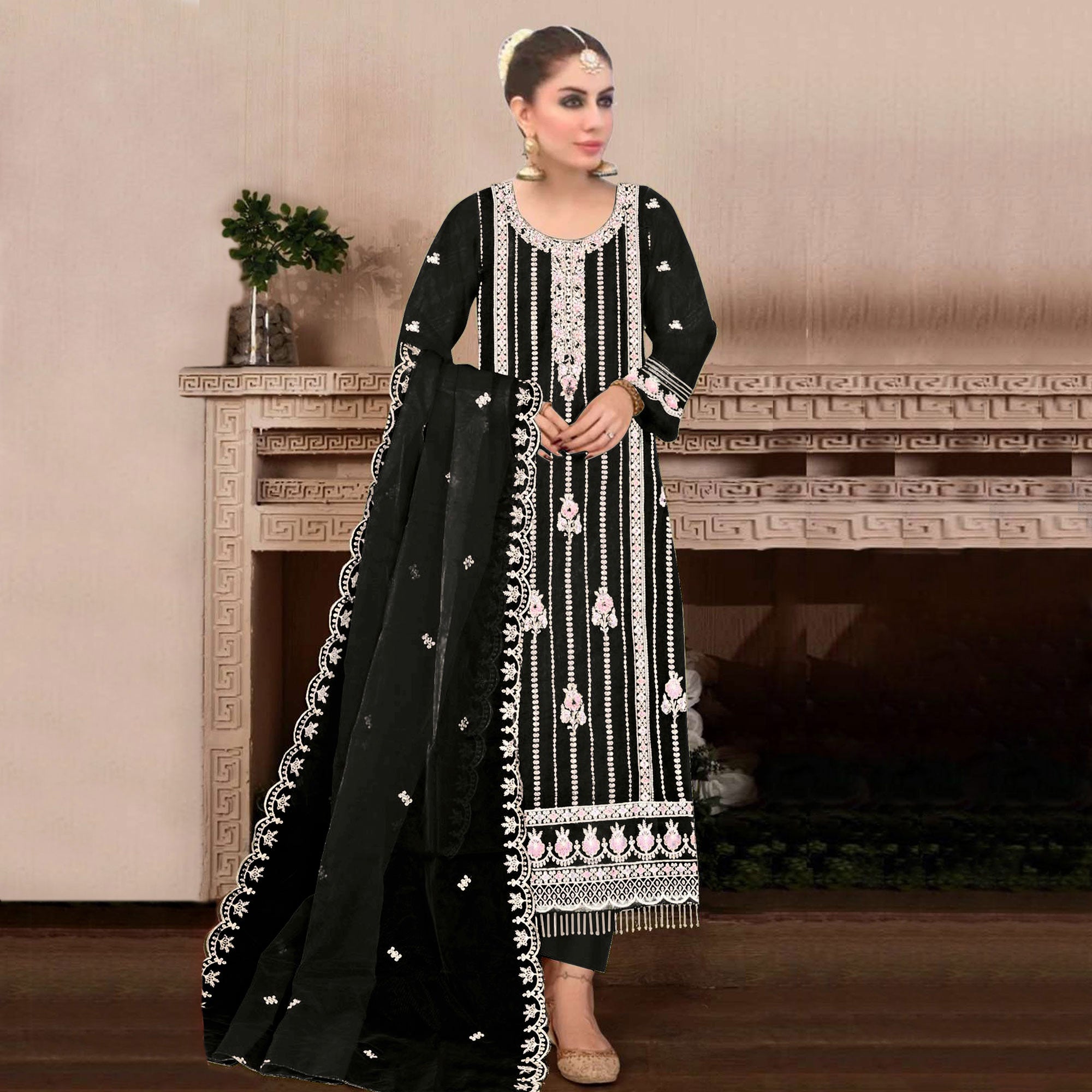 Black Floral Hand Embroidered Georgette Semi Stitched Pakistani Suit