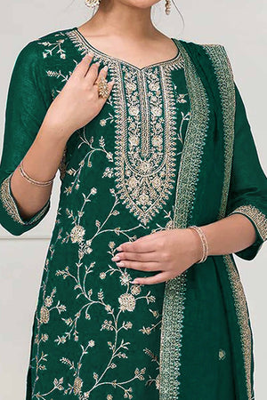 Bottle Green Beautiful Embroidered Pakistani Style Semi-Stitched Salwar Suit in Soft Georgette Fabric
