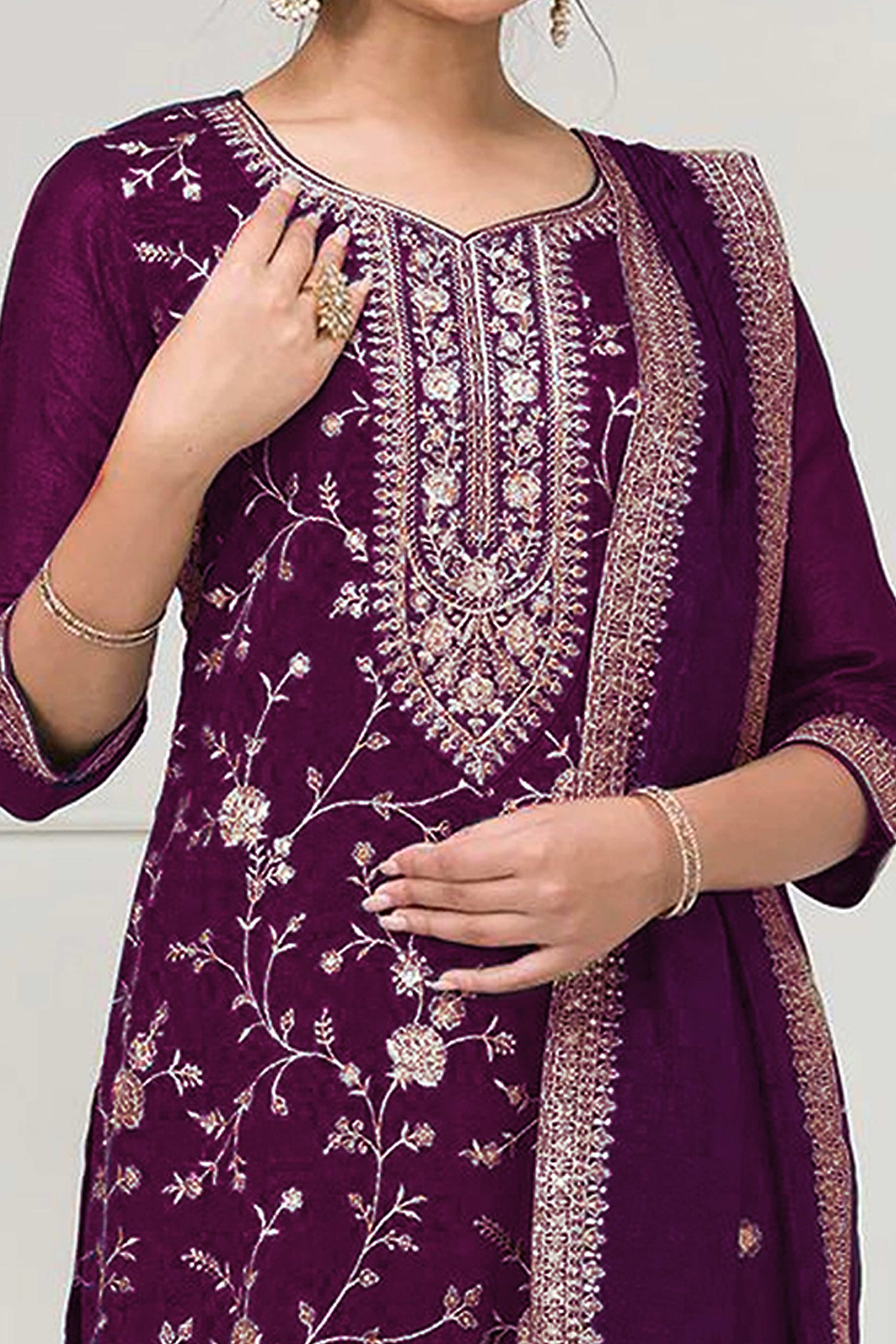 Purple Beautiful Embroidered Pakistani Style Semi-Stitched Salwar Suit in Soft Georgette Fabric