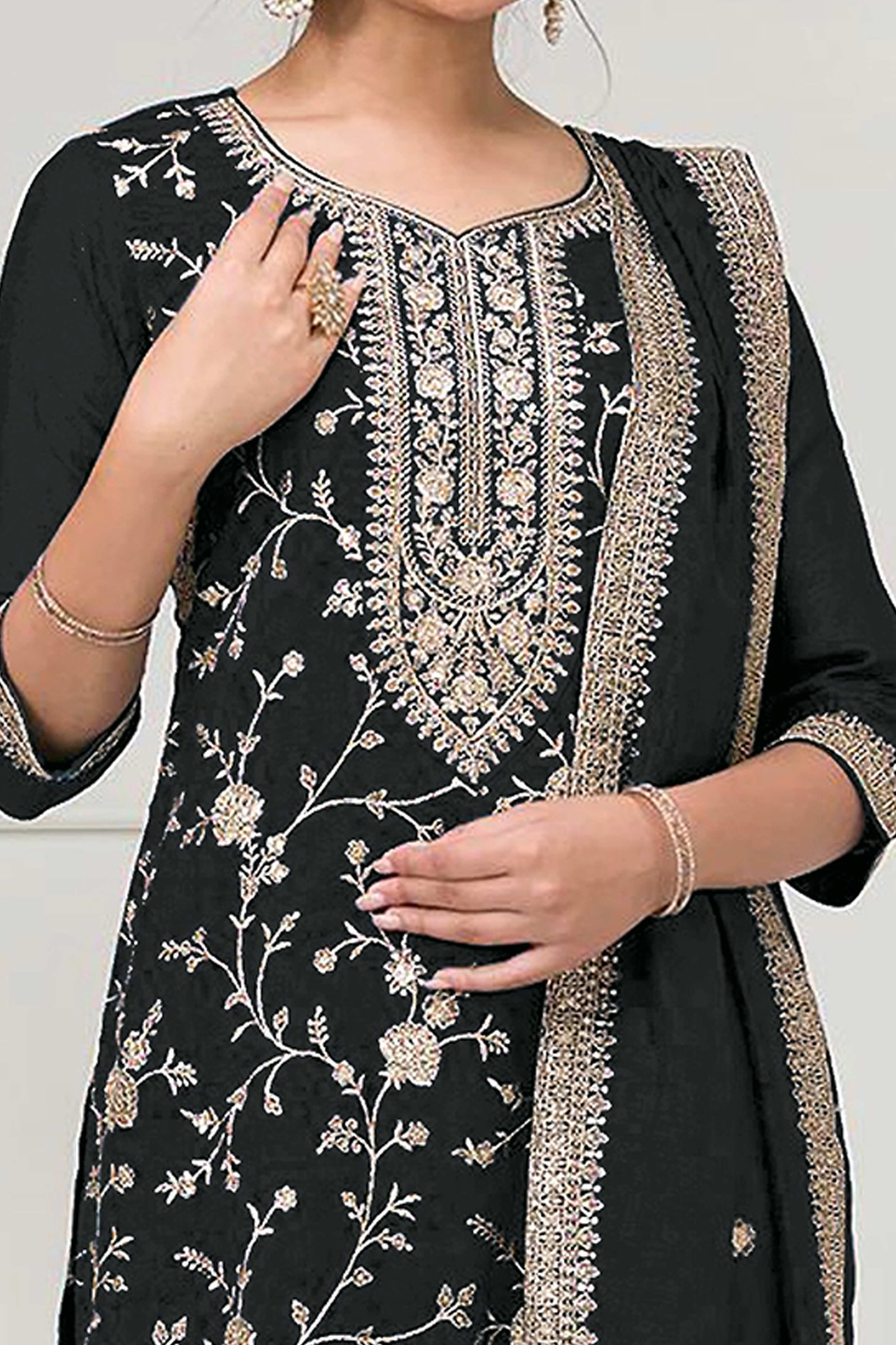Black Beautiful Embroidered Pakistani Style Semi-Stitched Salwar Suit in Soft Georgette Fabric