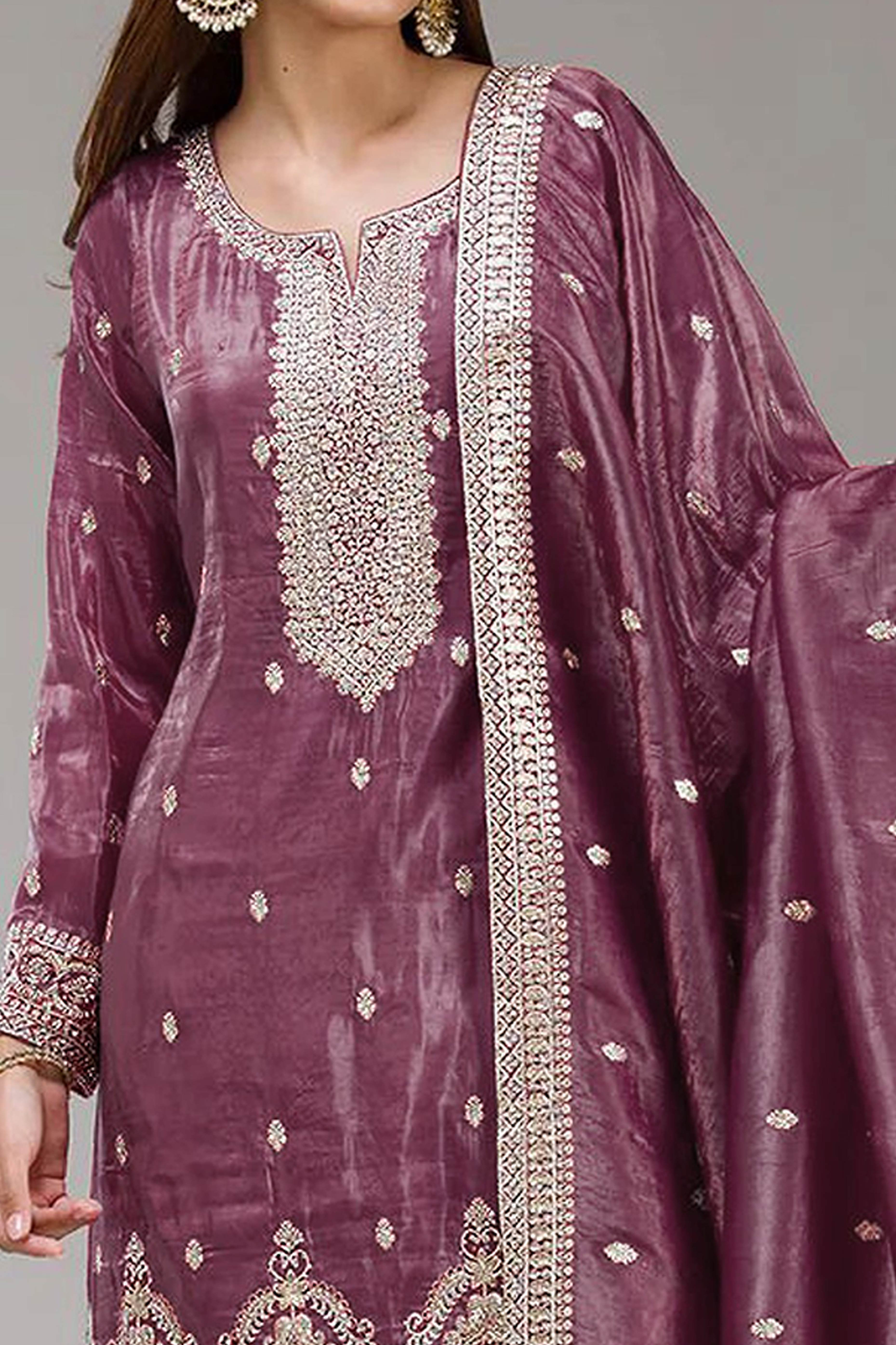 Mauve Embroidered Georgette Palazzo Style Semi-Stitched Salwar Suit for Graceful Occasions