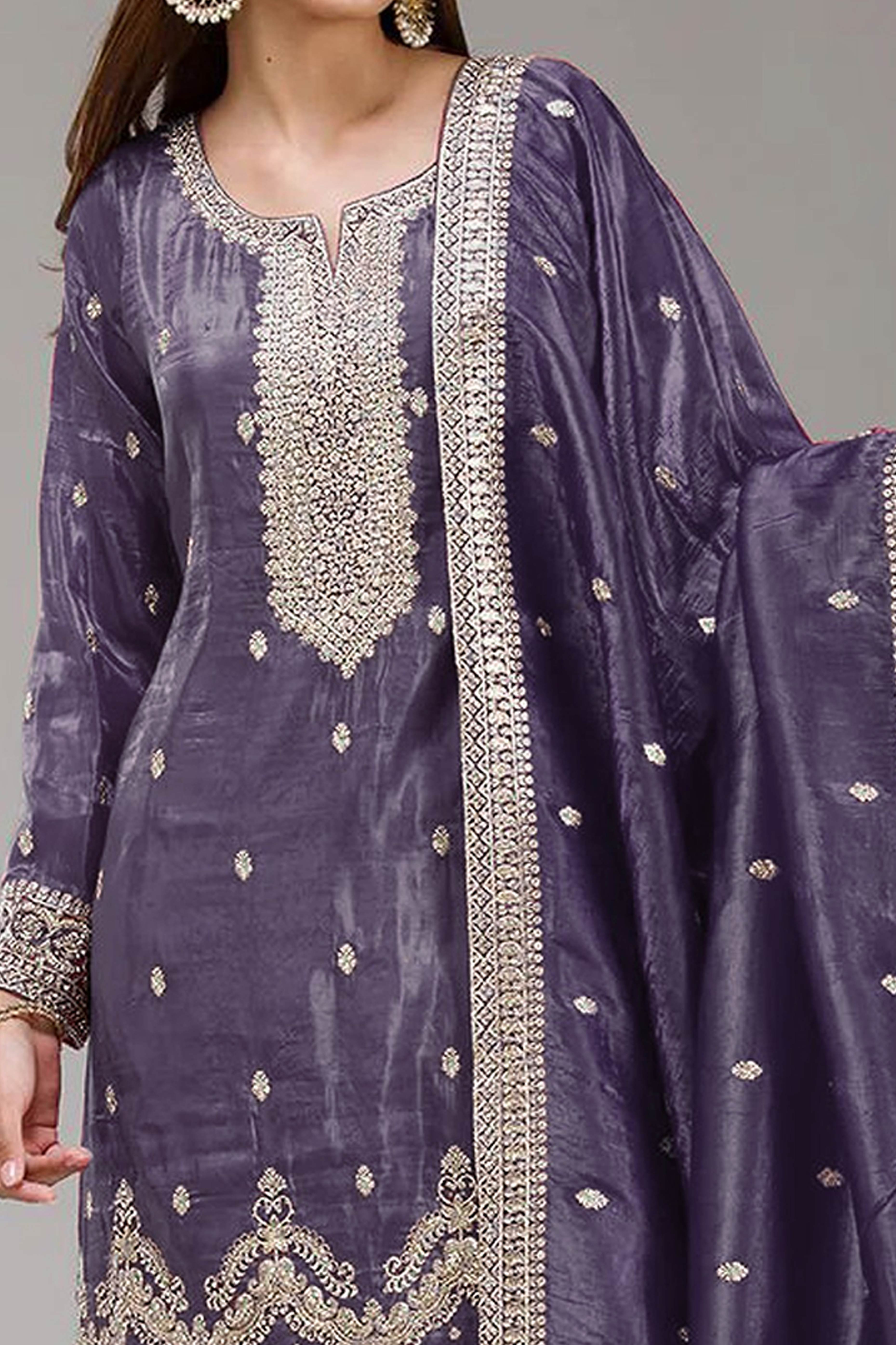 Purple Embroidered Georgette Palazzo Style Semi-Stitched Salwar Suit for Graceful Occasions