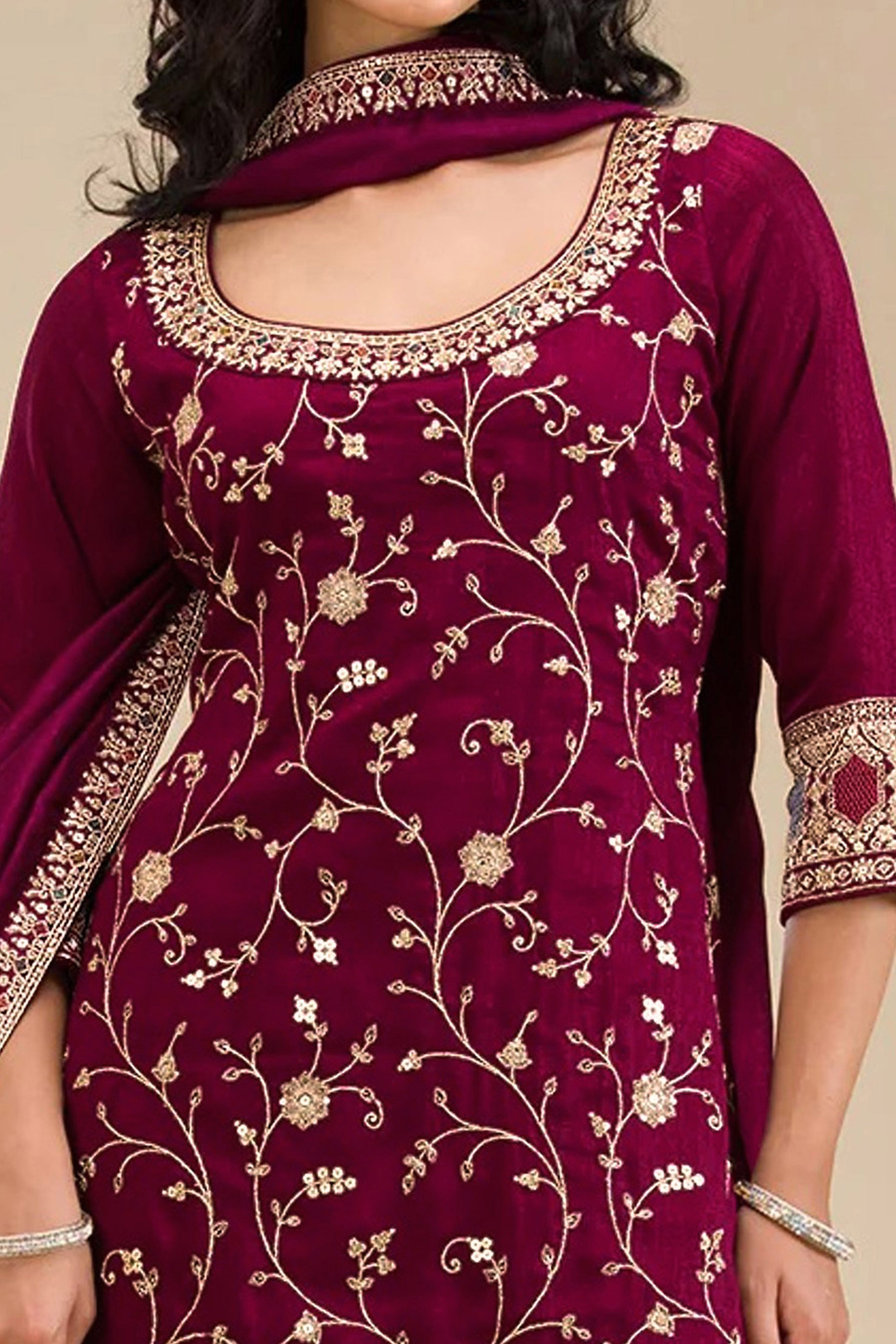 Luxury Maroon Floral Embroidered With Sequins Vichitra Silk Semi Stitched Pakistani Salwar Suit