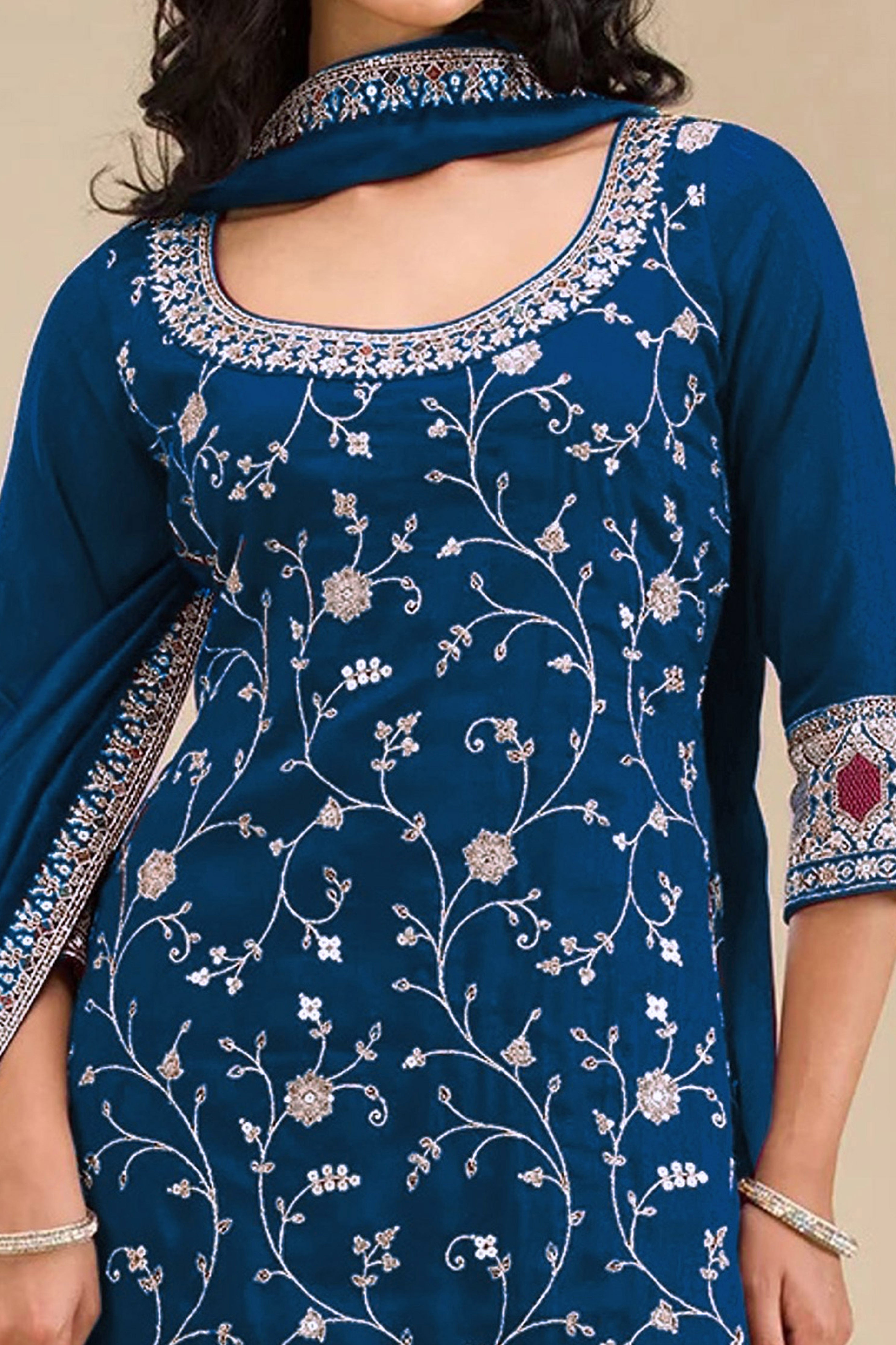 Luxury Blue Floral Embroidered With Sequins Vichitra Silk Semi Stitched Pakistani Salwar Suit