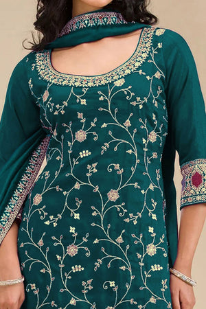 Luxury Teal Floral Embroidered With Sequins Vichitra Silk Semi Stitched Pakistani Salwar Suit