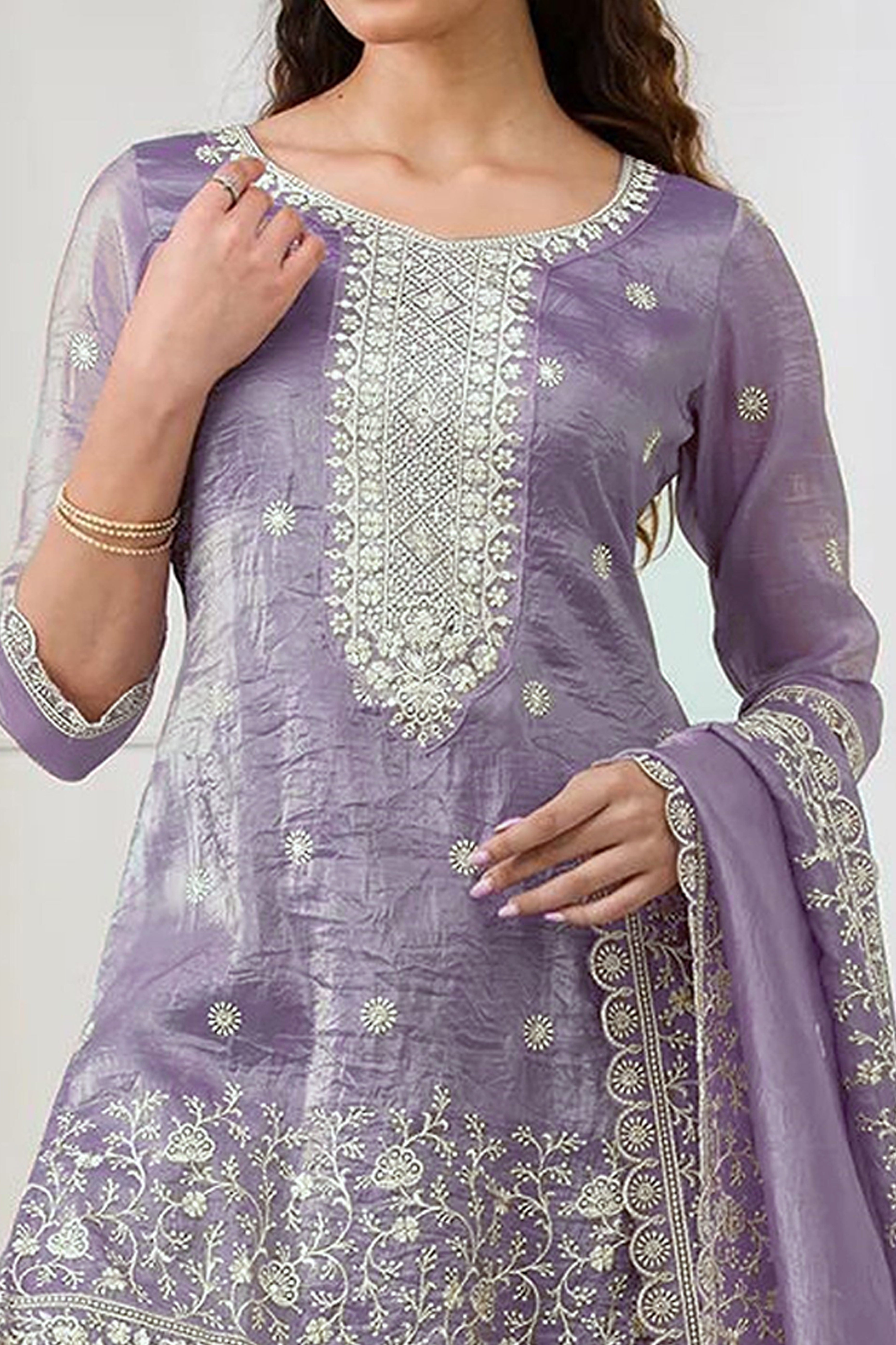 Lavender Elegant Embroidered Georgette Semi-Stitched Salwar Suit with Stylish Palazzo Bottoms