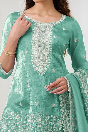 Turquoise Elegant Embroidered Georgette Semi-Stitched Salwar Suit with Stylish Palazzo Bottoms