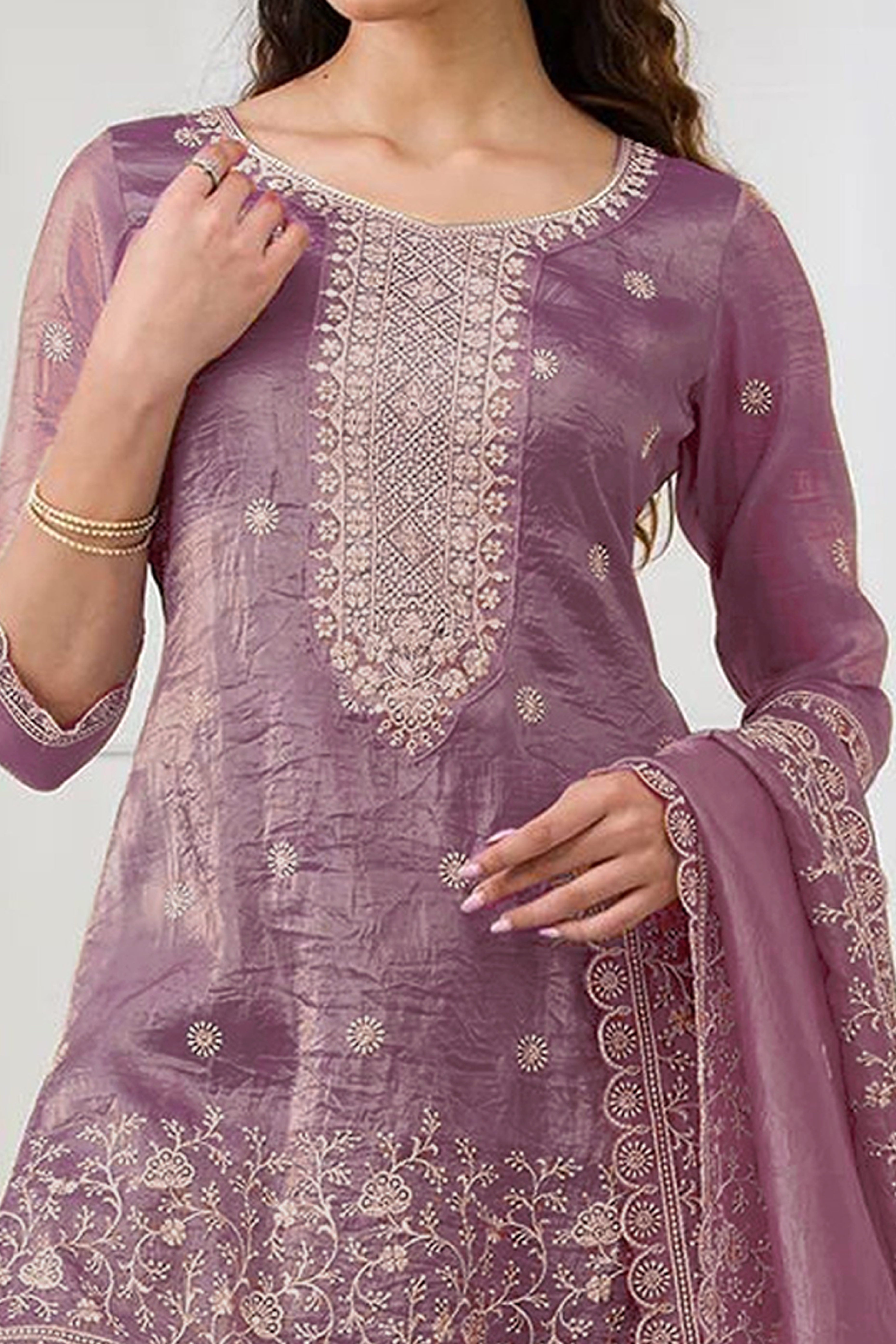 Mauve Elegant Embroidered Georgette Semi-Stitched Salwar Suit with Stylish Palazzo Bottoms
