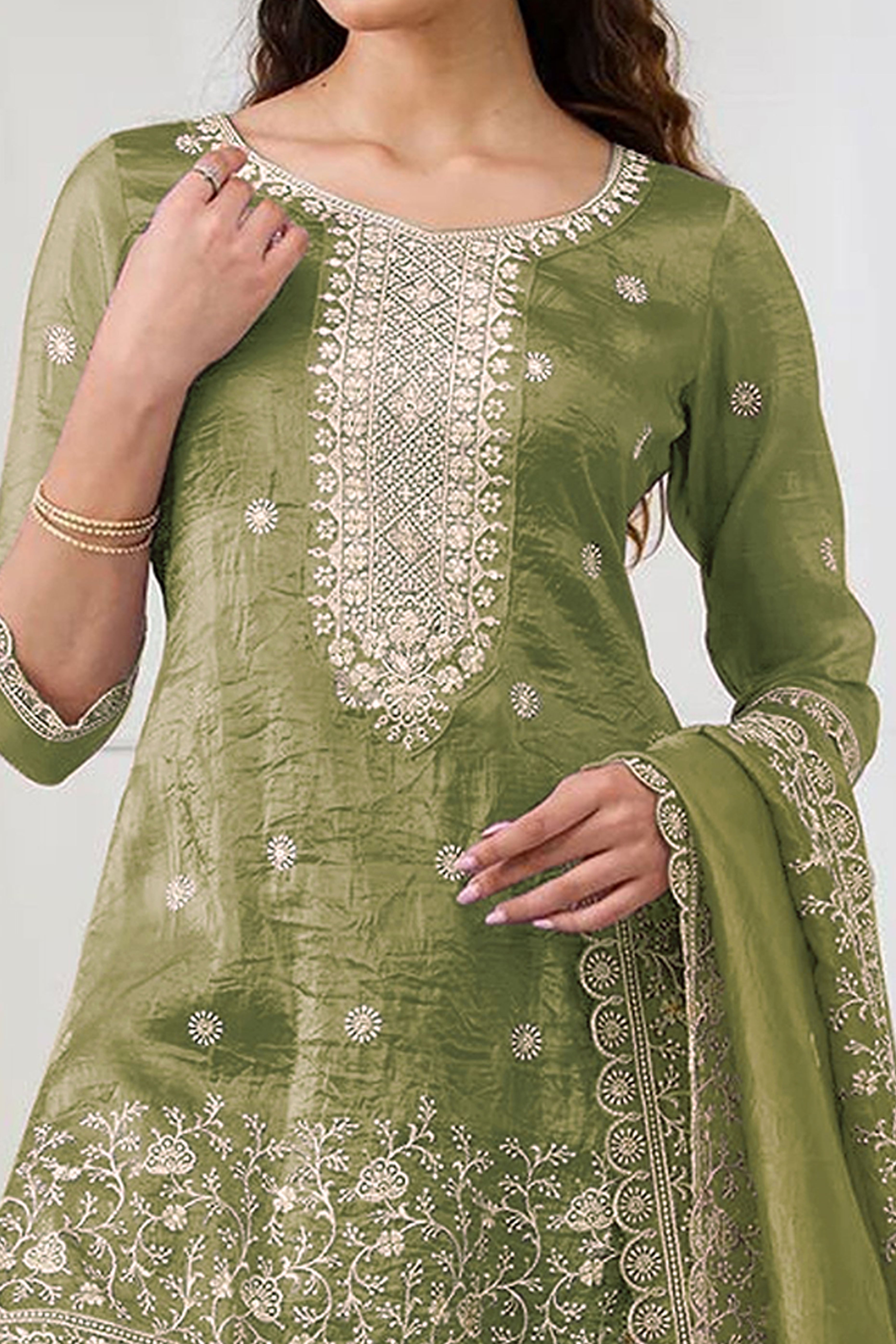 Green Elegant Embroidered Georgette Semi-Stitched Salwar Suit with Stylish Palazzo Bottoms