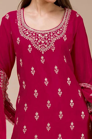 Charming Cherry Red Floral Sequins Embroidered Georgette Semi Stitched Pakistani Salwar Suit