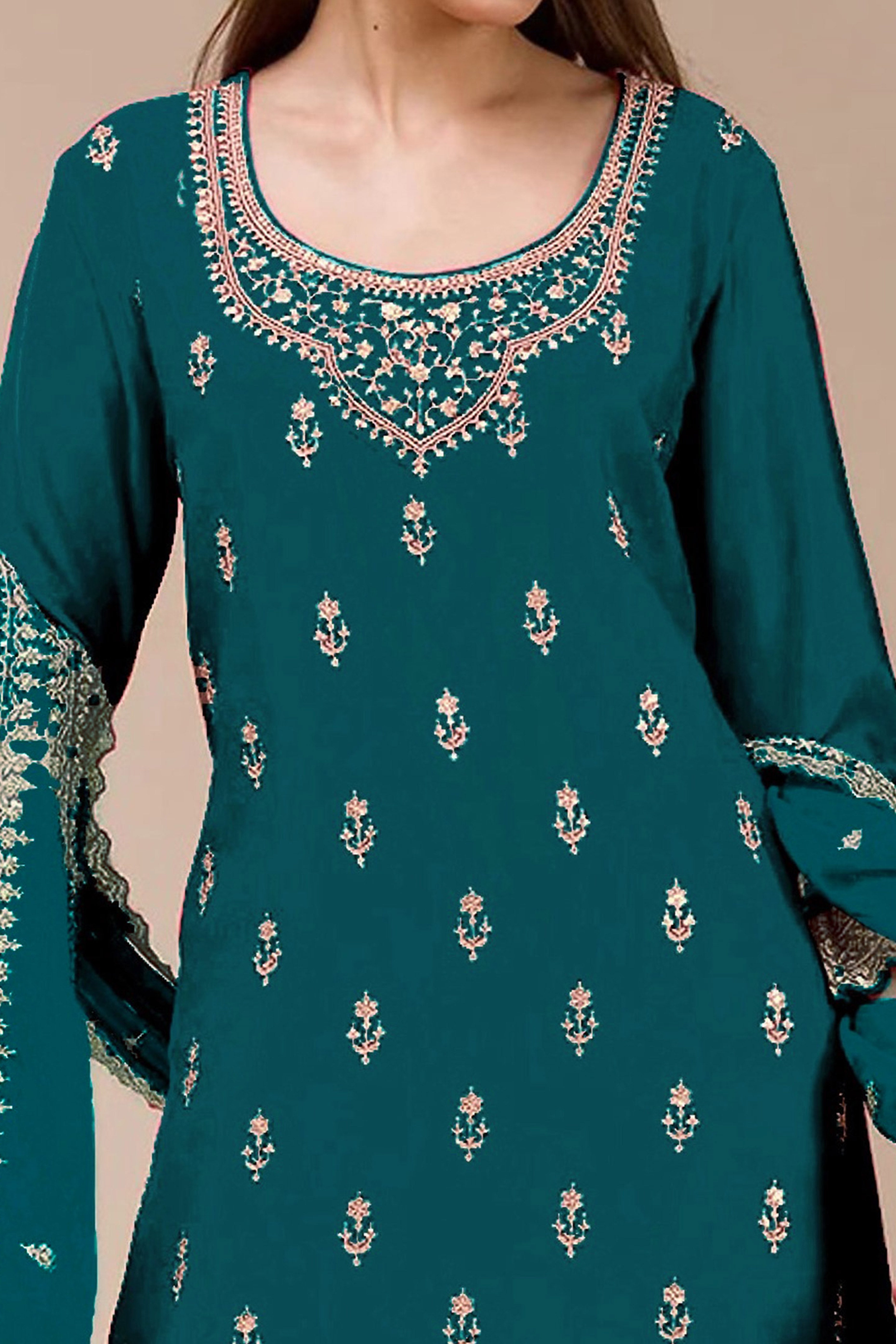 Charming Teal Floral Sequins Embroidered Georgette Semi Stitched Pakistani Salwar Suit