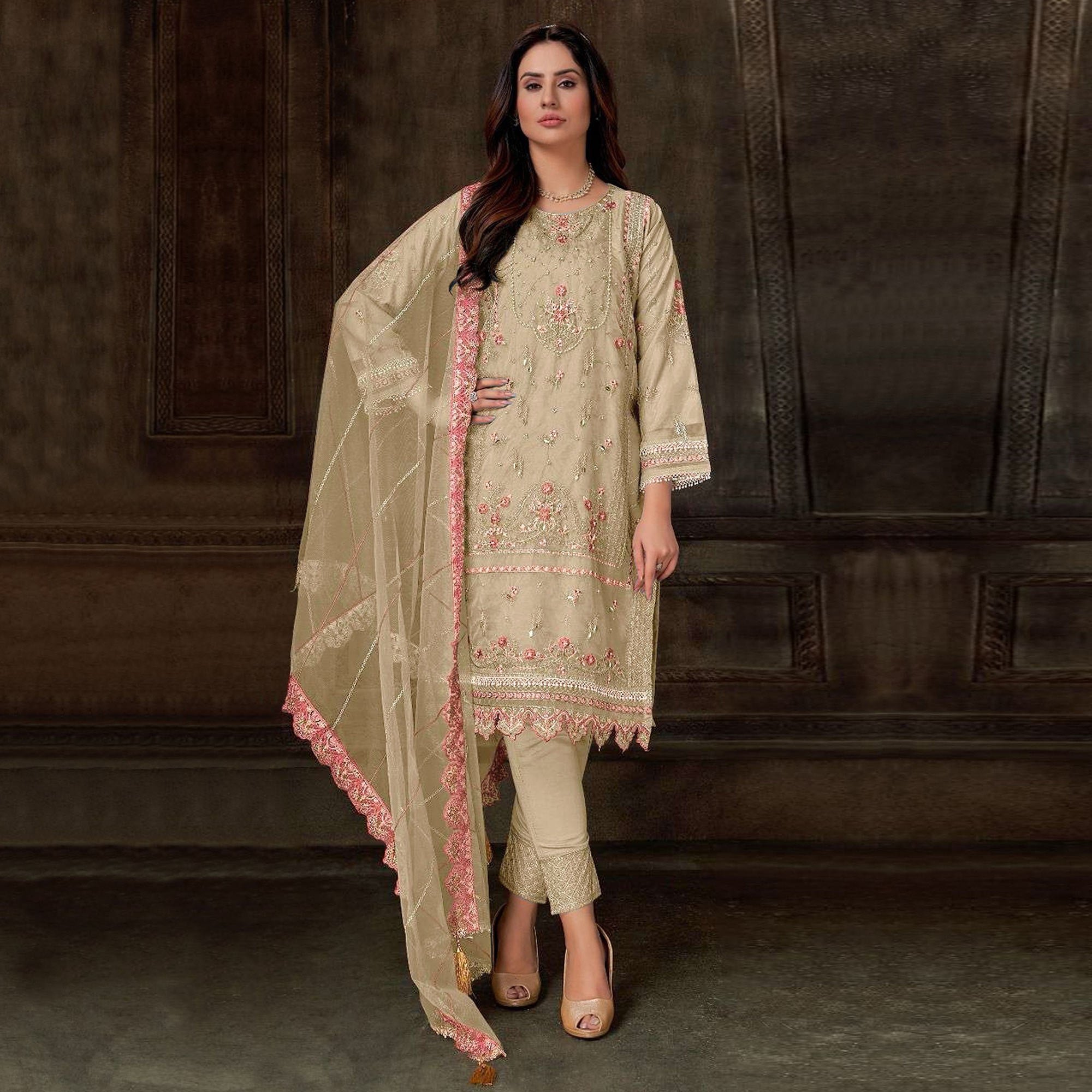 Cream Floral Embroidered Georgette Pakistani Semi Stitched Dress Material