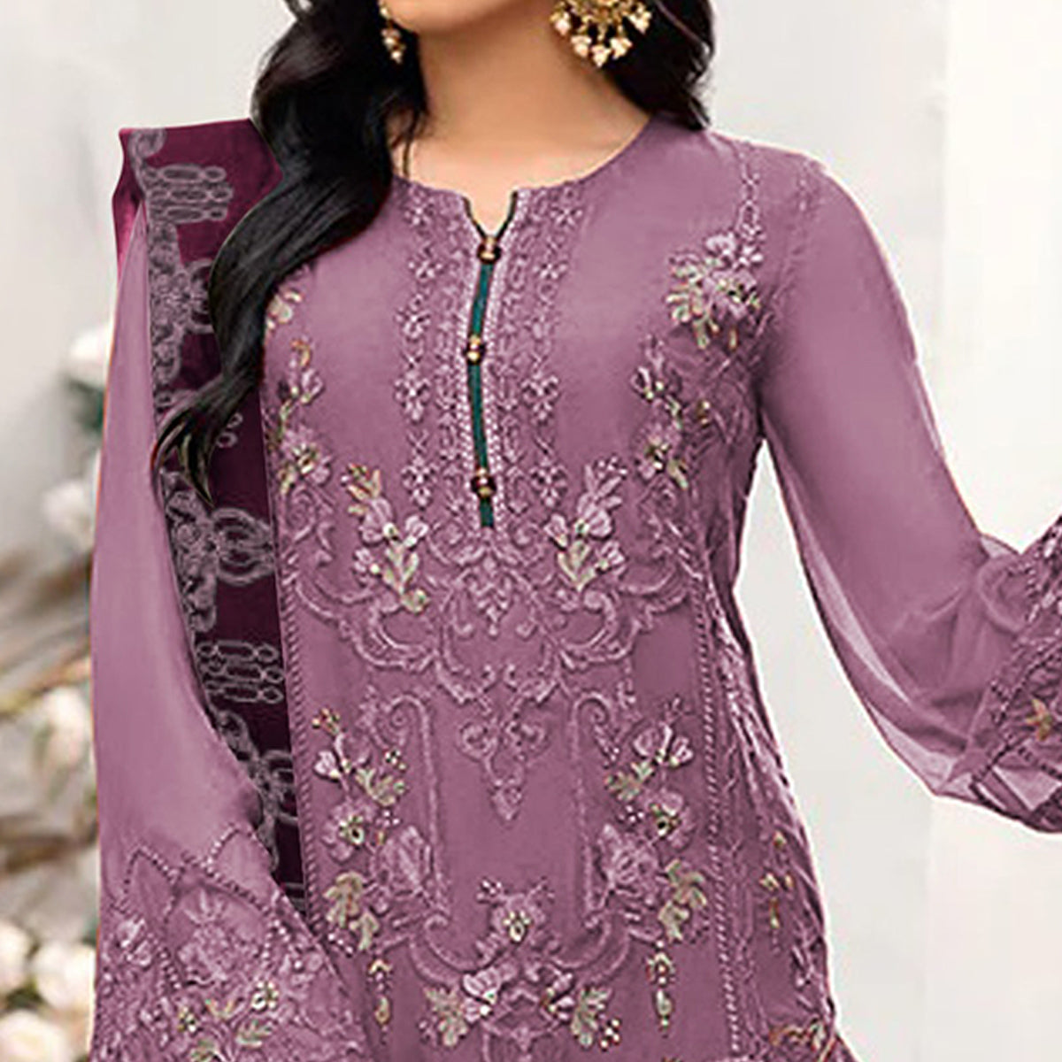 Mauve Floral Embroidered Georgette Semi Stitched Pakistani Suit