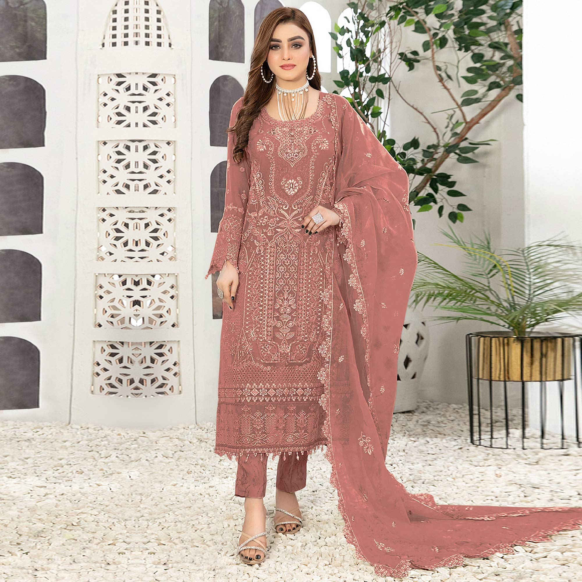 Dusty Peach Floral Embroidered Georgette Semi Stitched Pakistani Suit