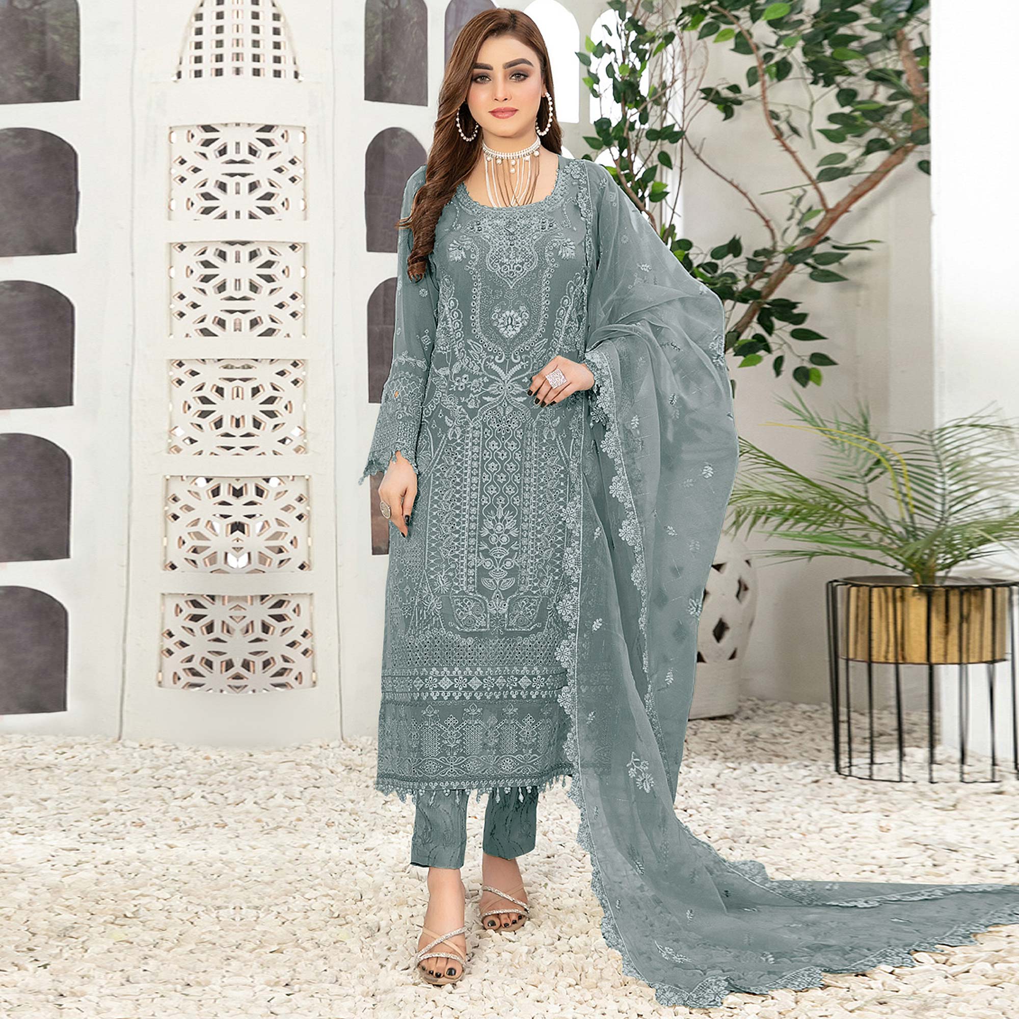 Blue Floral Embroidered Georgette Semi Stitched Pakistani Suit