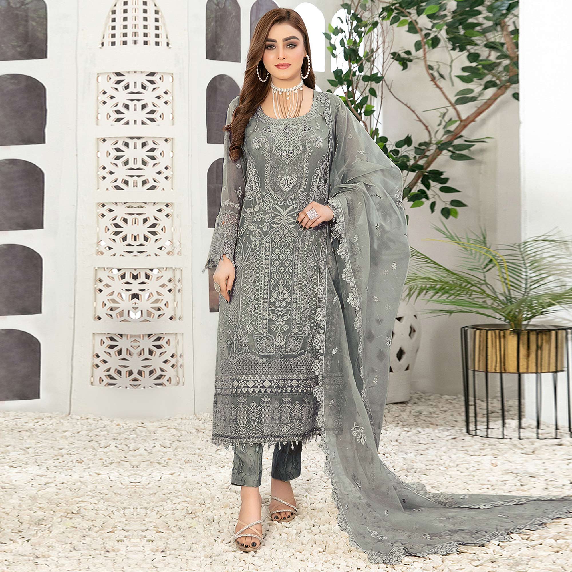 Green Floral Embroidered Georgette Semi Stitched Pakistani Suit