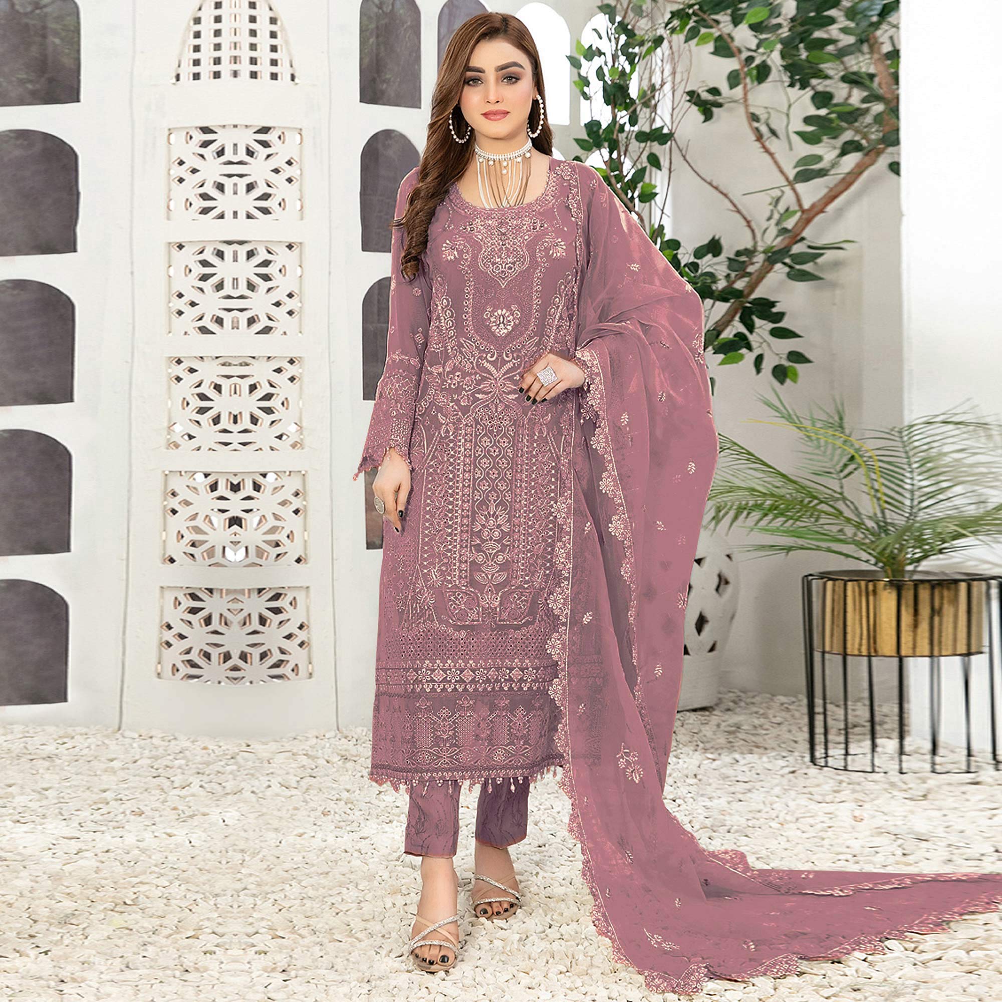 Mauve Floral Embroidered Georgette Semi Stitched Pakistani Suit