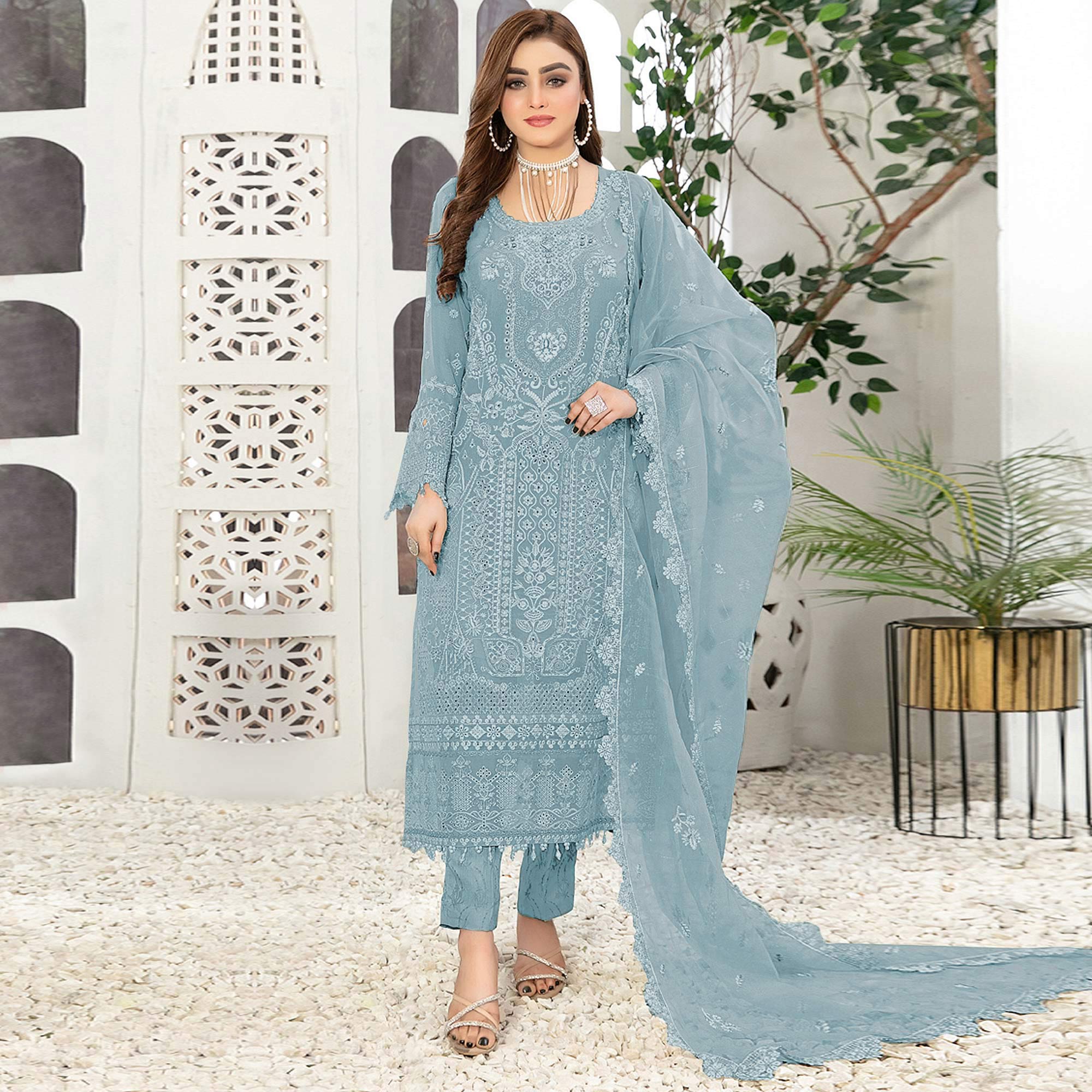 Sky Blue Floral Embroidered Georgette Semi Stitched Pakistani Suit