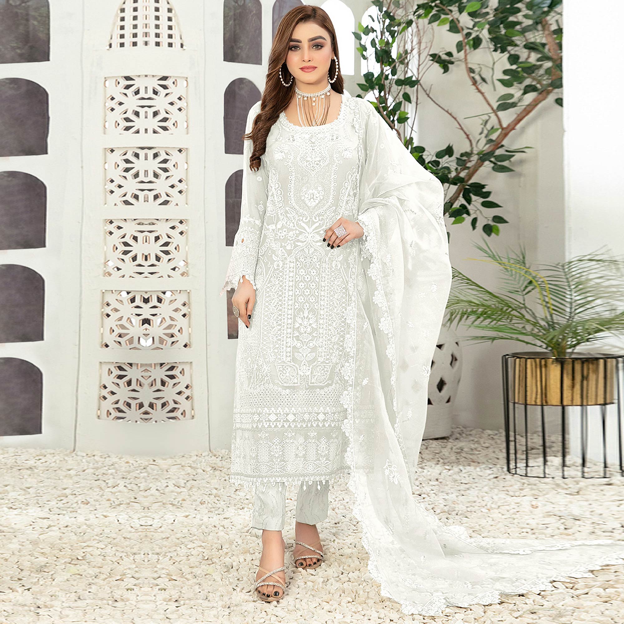 White Floral Embroidered Georgette Semi Stitched Pakistani Suit