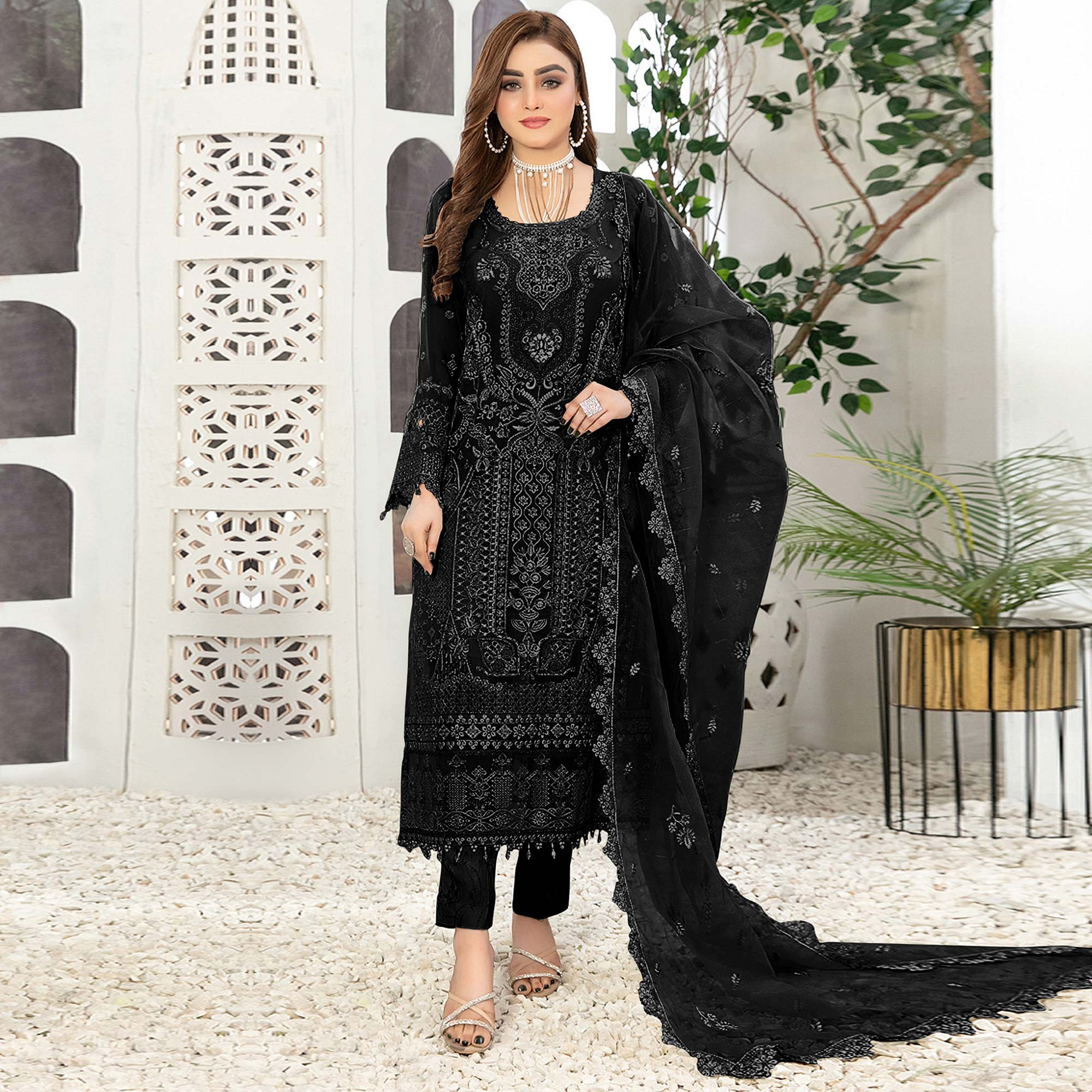 Black Floral Embroidered Georgette Semi Stitched Pakistani Suit