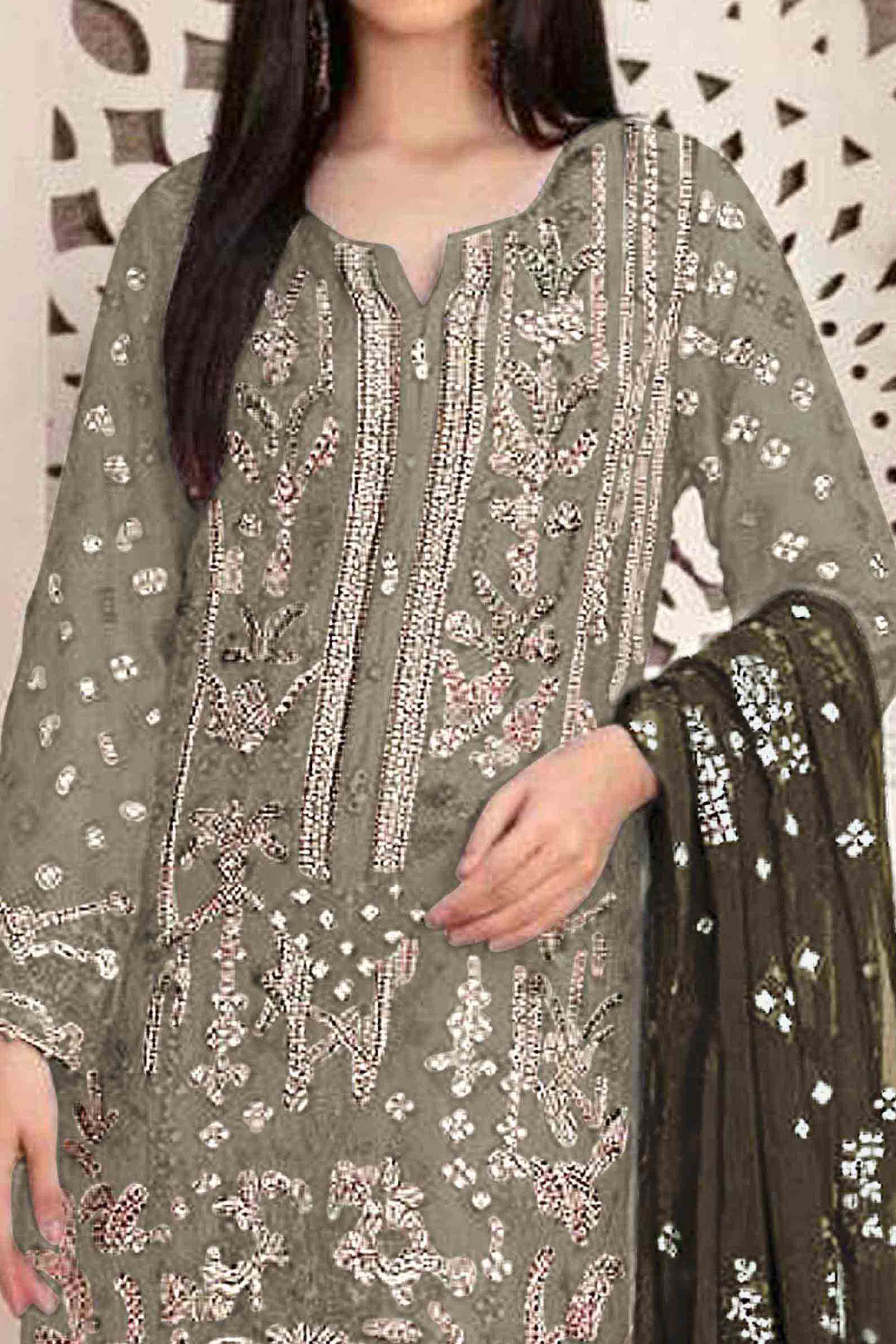 Green Floral Embroidered With Handwork Georgette Semi Stitched Pakistani Suit