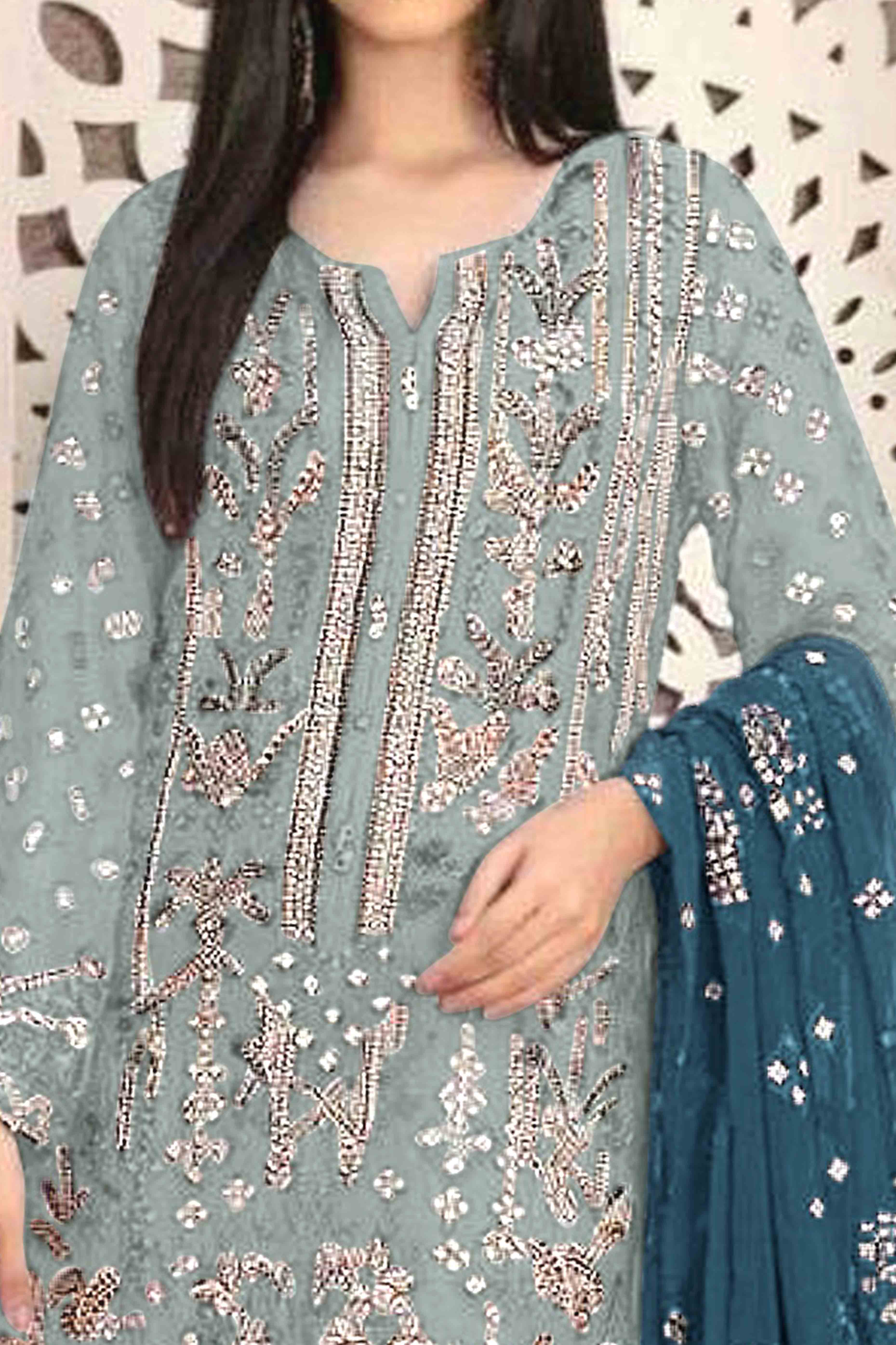 Blue Floral Embroidered With Handwork Georgette Semi Stitched Pakistani Suit