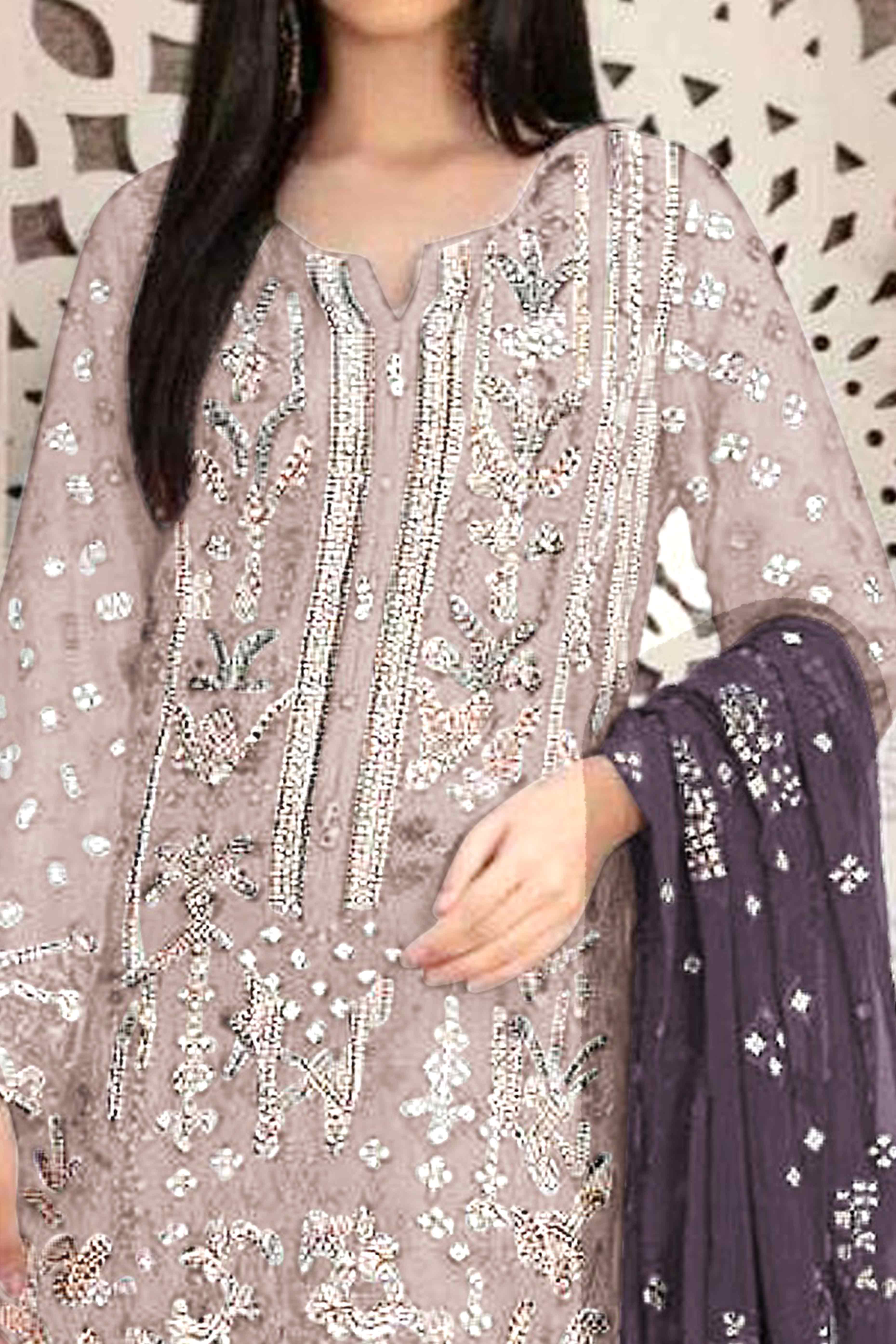 Light Coffee Brown Floral Embroidered With Handwork Georgette Semi Stitched Pakistani Suit