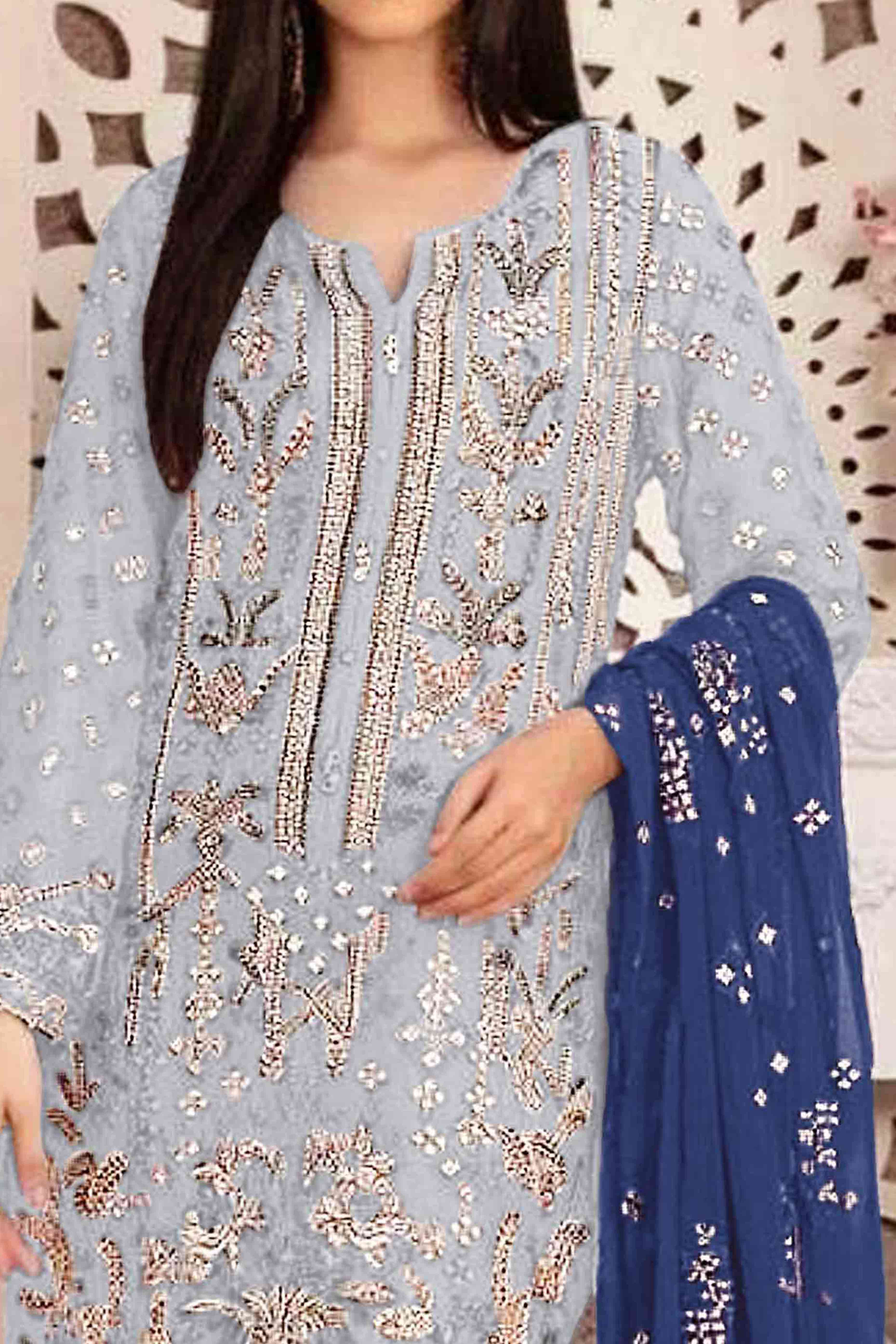 Greyish Blue Floral Embroidered With Handwork Georgette Semi Stitched Pakistani Suit