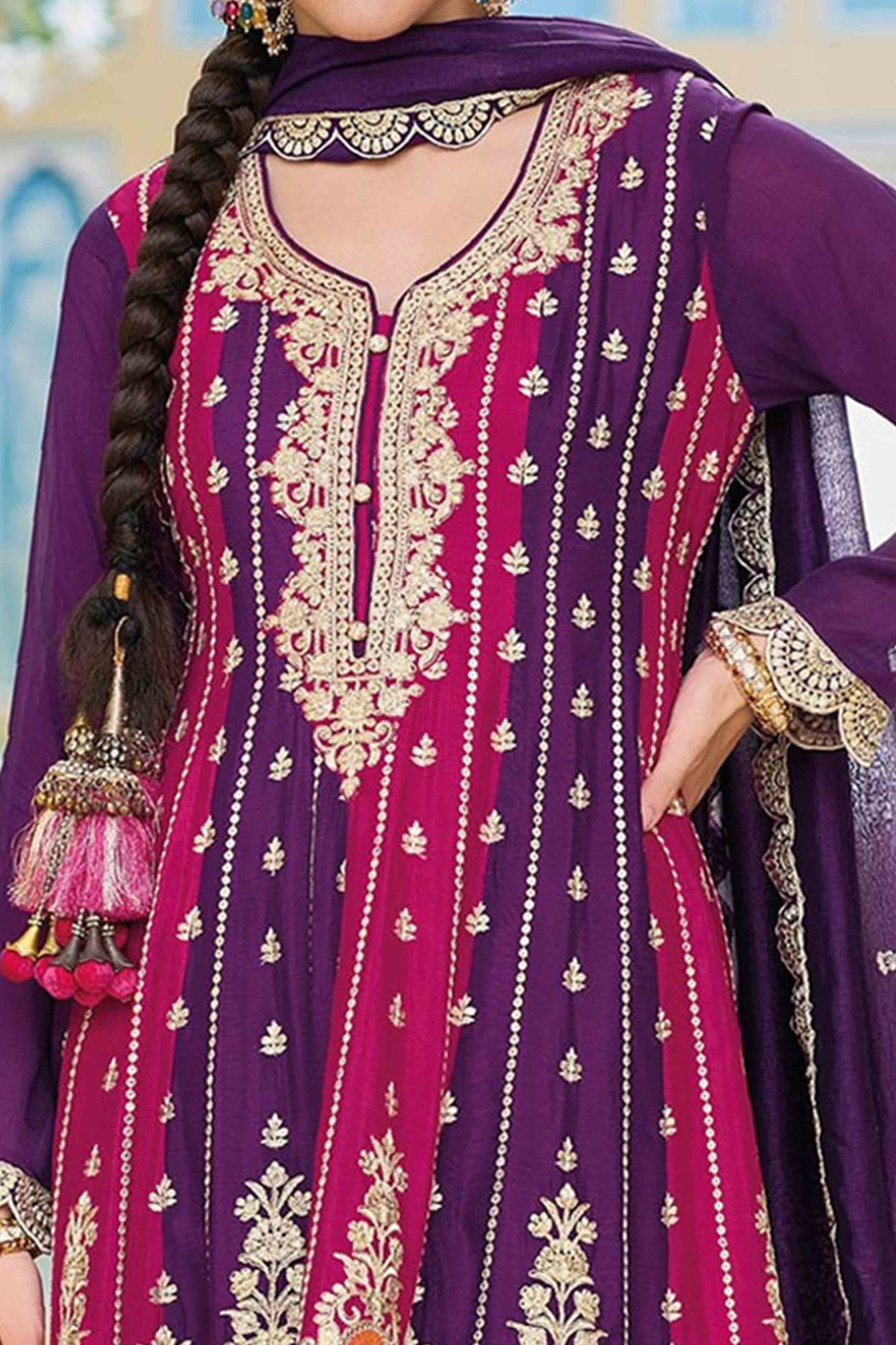 Purple Floral Embroidered Art Silk Free Size Stitched Anarkali Suit