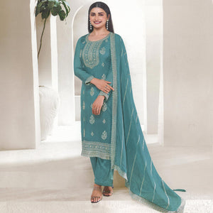 Blue Floral Embroidered Organza Semi Stitched Salwar Suit