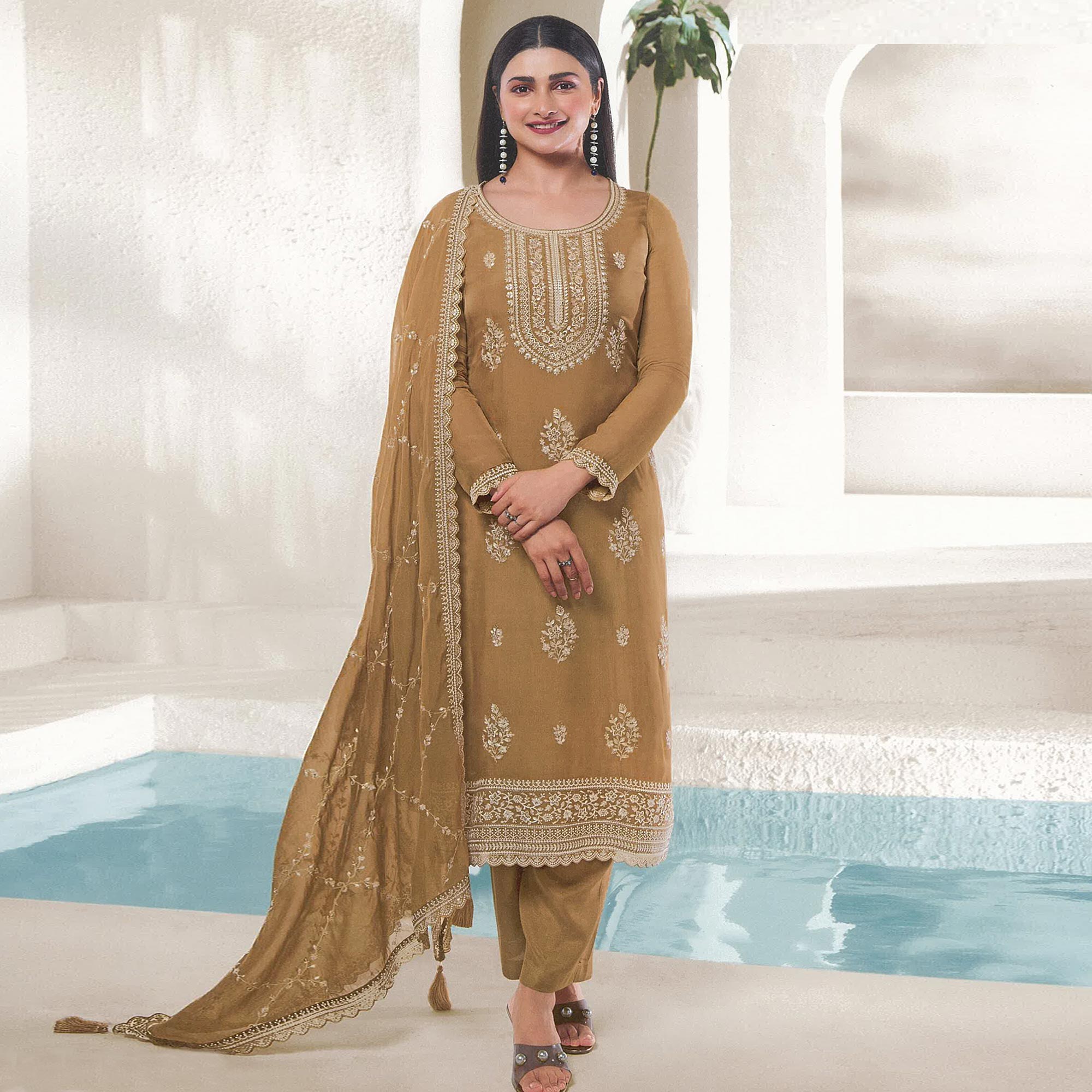 Light Brown Floral Embroidered Organza Semi Stitched Salwar Suit