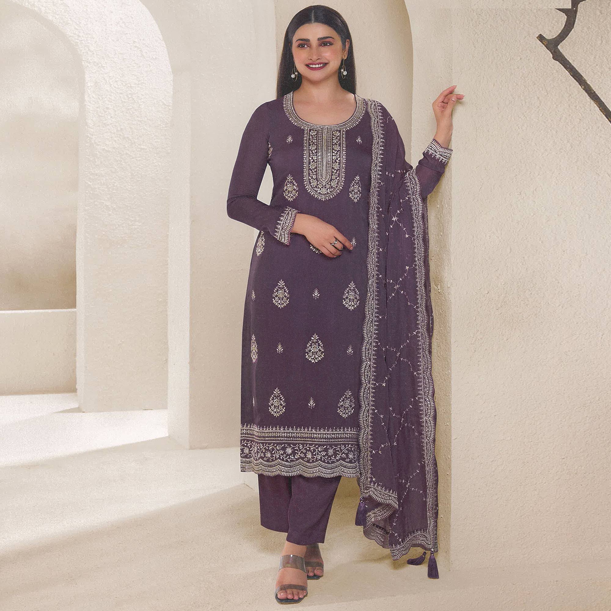 Purple Floral Embroidered Organza Semi Stitched Salwar Suit