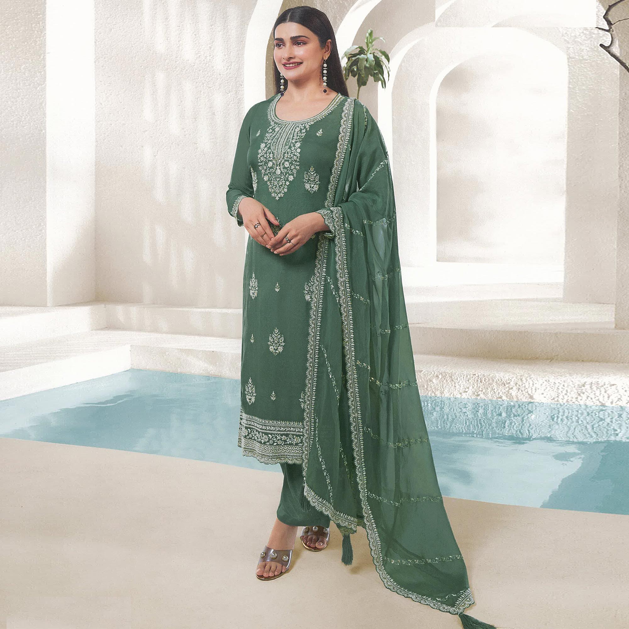 Green Floral Embroidered Organza Semi Stitched Salwar Suit