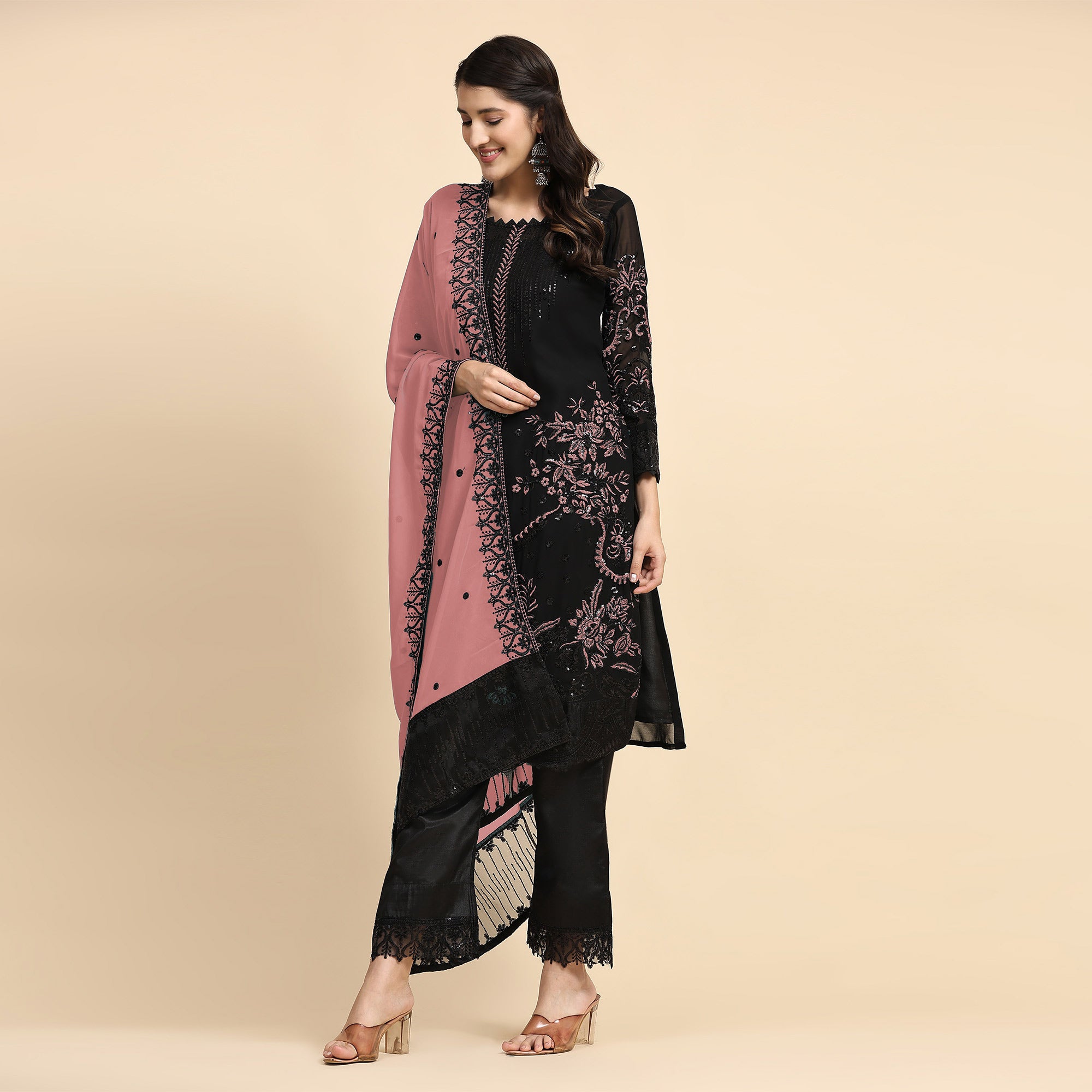 Black & Peach Floral Embroidered Georgette Semi Stitched Pakistani Suit