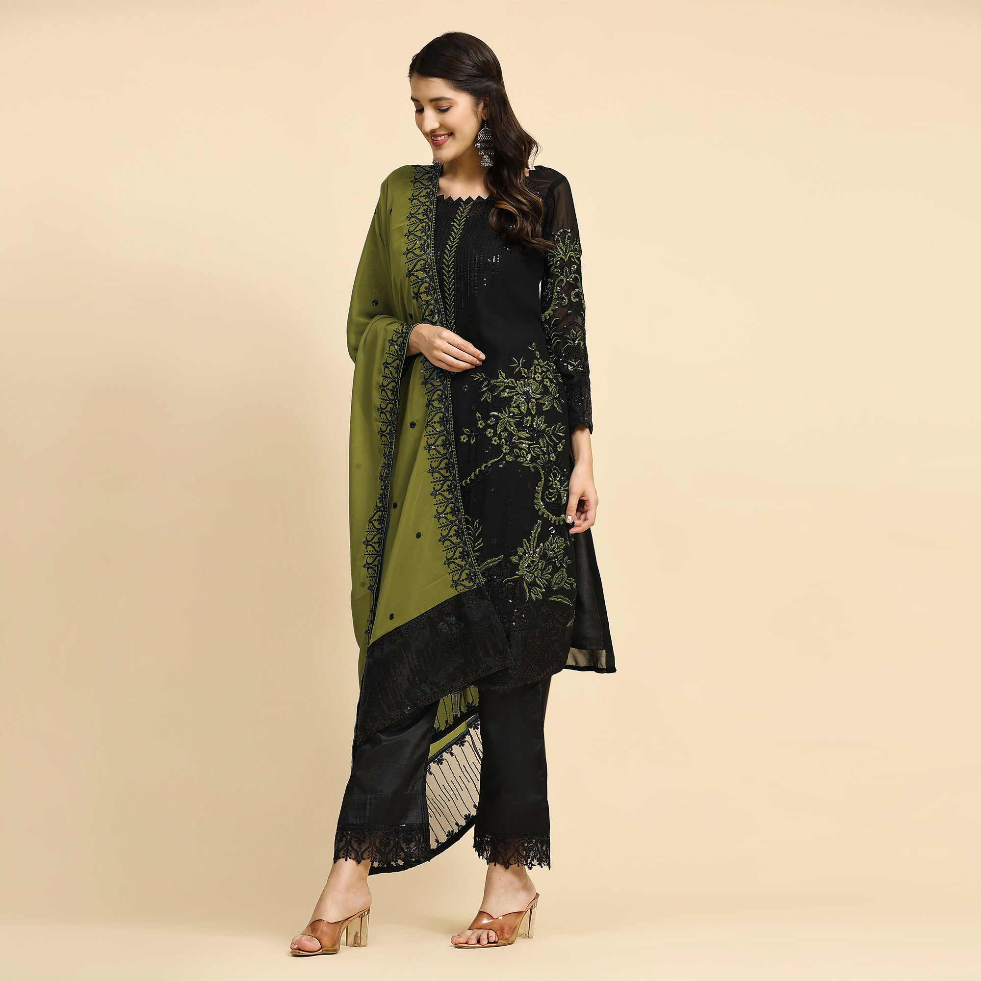 Black & Green Floral Embroidered Georgette Semi Stitched Pakistani Suit