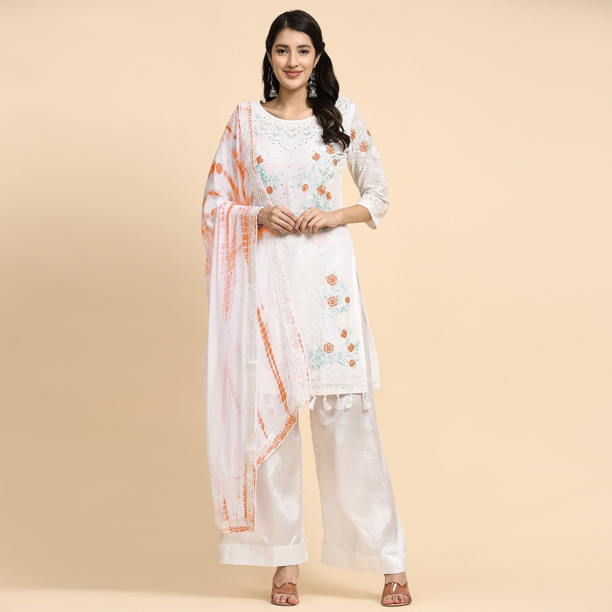 White & Orange Floral Sequins Embroidered Georgette Semi Stitched Pakistani Suit
