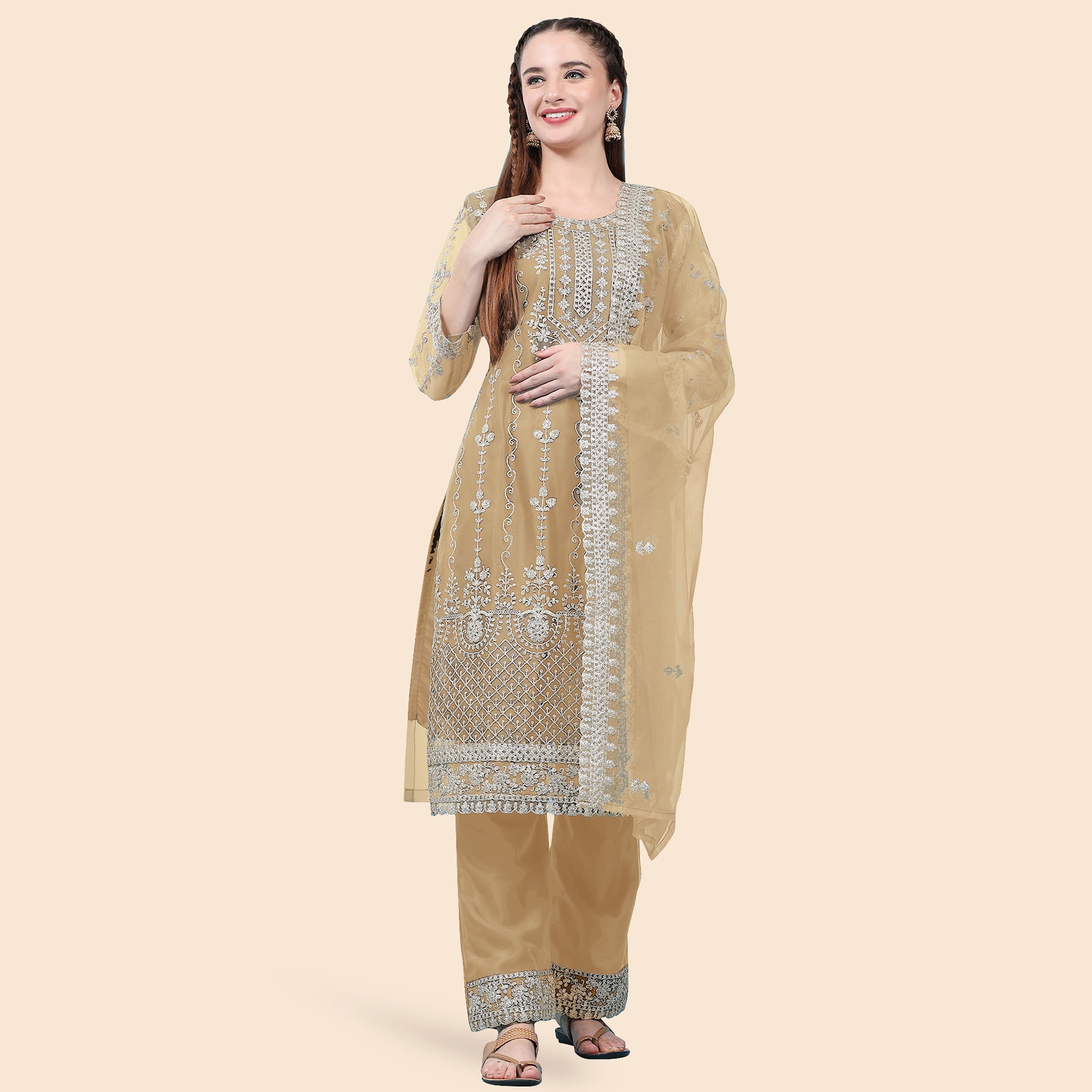 Beige Sequins Embroidered Net Semi Stitched Pakistani Suit