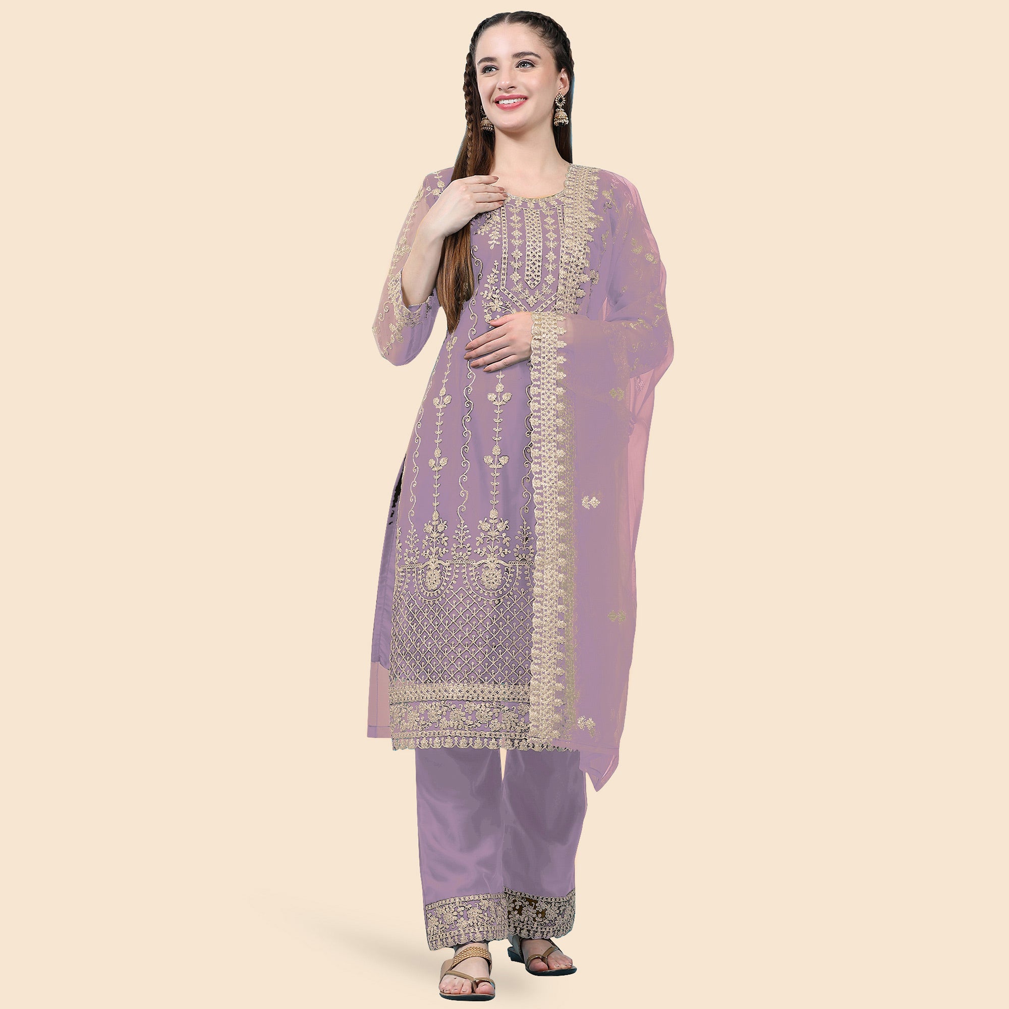 Violet Sequins Embroidered Net Semi Stitched Pakistani Suit